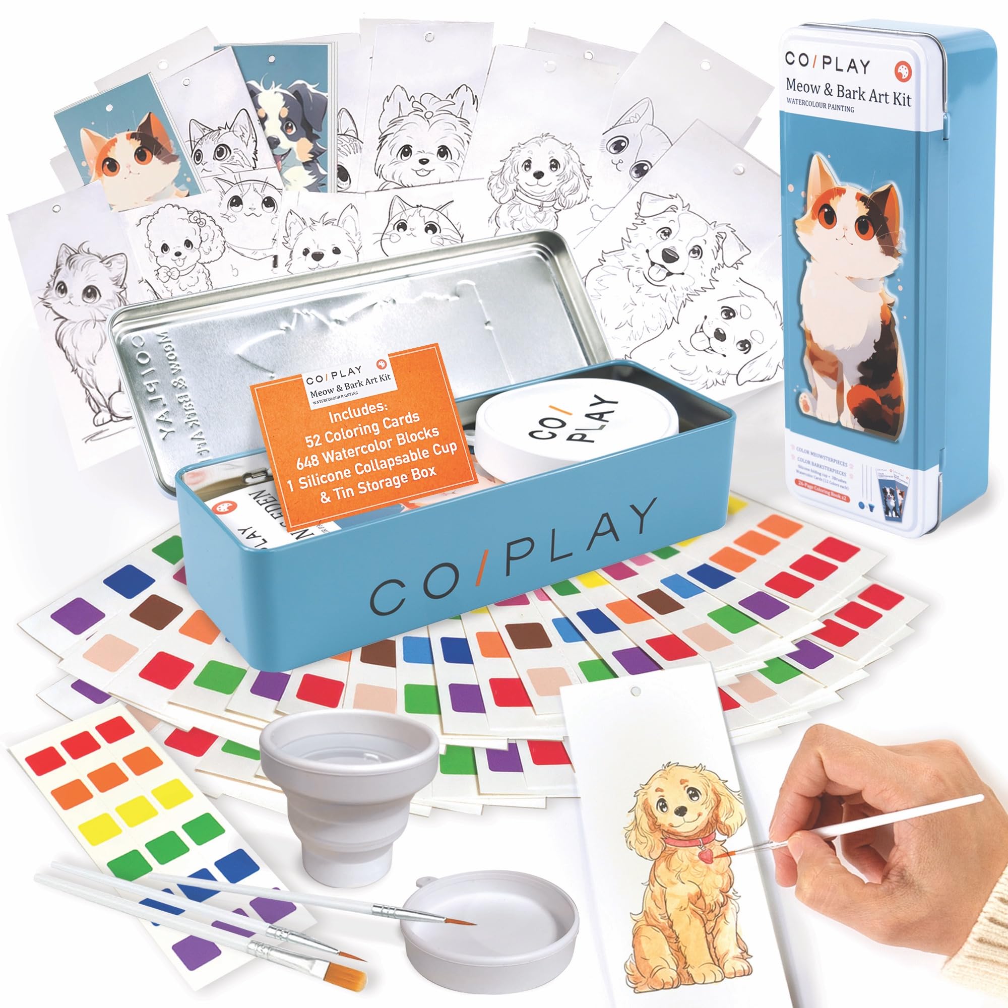 648 Color Blocks Watercolor Paint Set with 2 Meow & Bark Theme Coloring Books & Washable Pens Brush - Complete Art Supply Kit for Kids & Adults - Perfect for Home, School & DIY Painting Projects