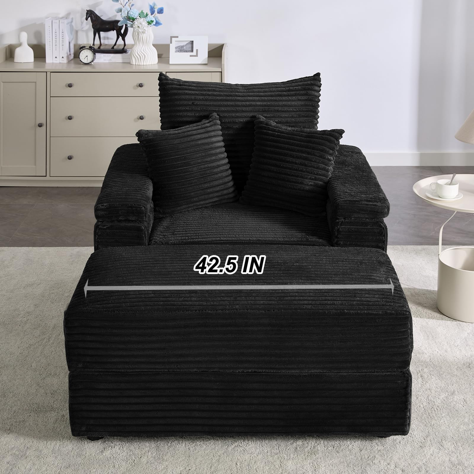 Oversized Chaise Lounge Chair with Ottoman - Reclining Upholstered Corduroy Sofa for Living Room, Comfy Sleeper Chair in Black (42.5
