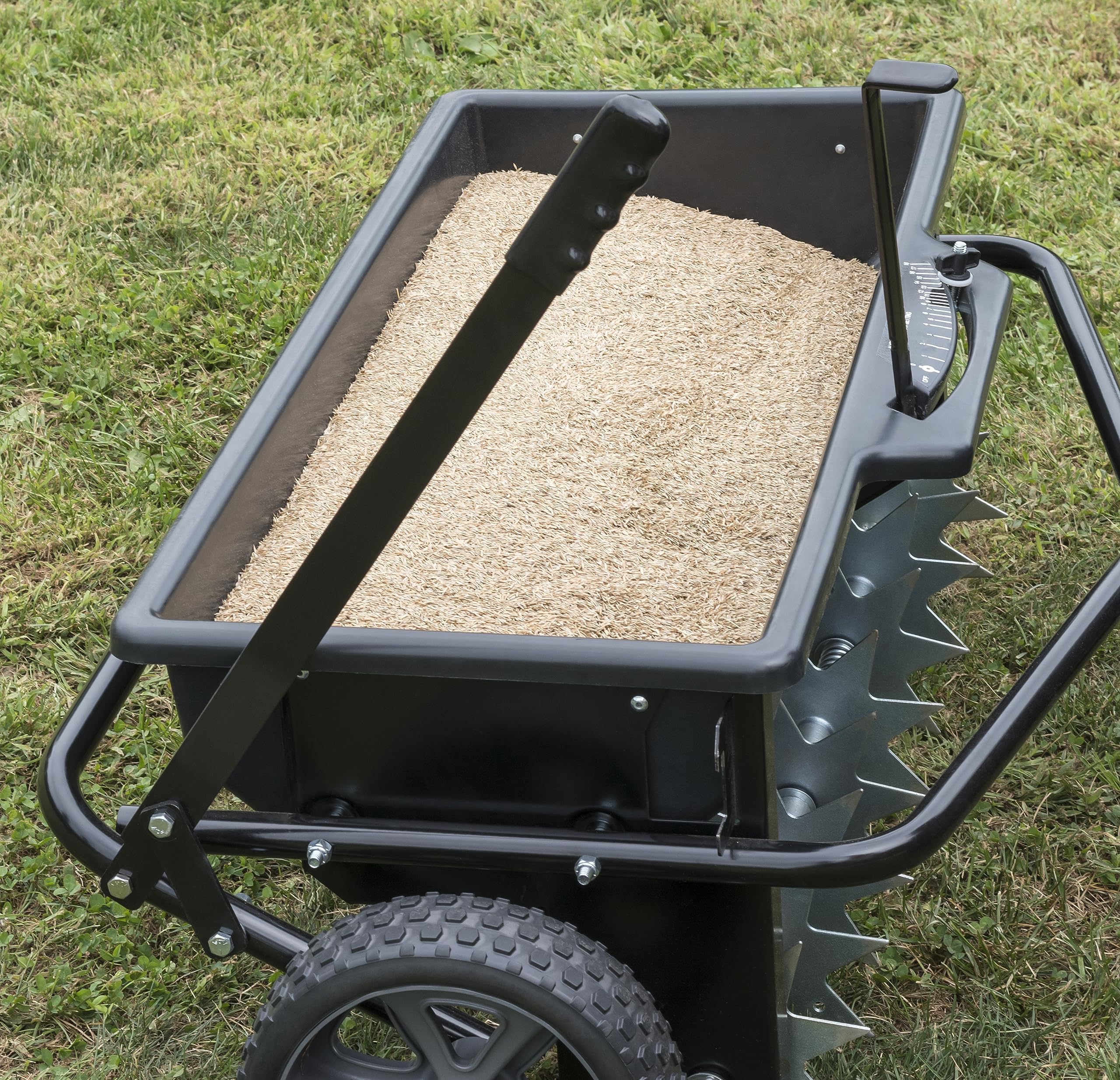 Agri-Fab 45-0543-AMZ 100 lb. Tow-Behind Lawn Spiker Seeder Drop Spreader - for Seed, Fertilizer, Salt & Ice Melt - Compatible with Lawn & Garden Tractors - Perfect for Lawn Care, Yard Maintenance & Winter De-Icing