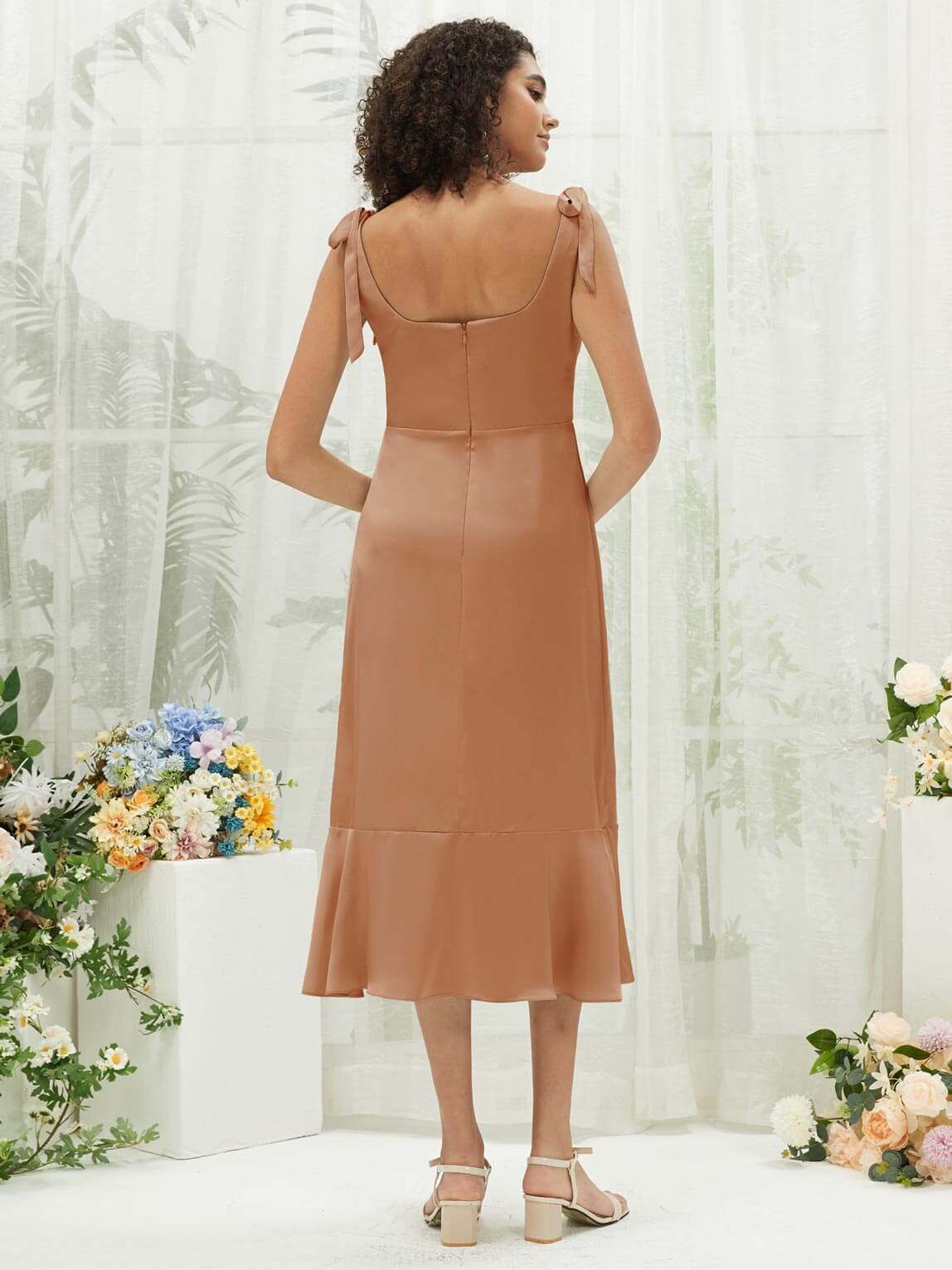 Silk Satin Bridesmaid Dress - Square Neck, Slit & Tea Length Convertible Design for Weddings, Parties & Special Occasions