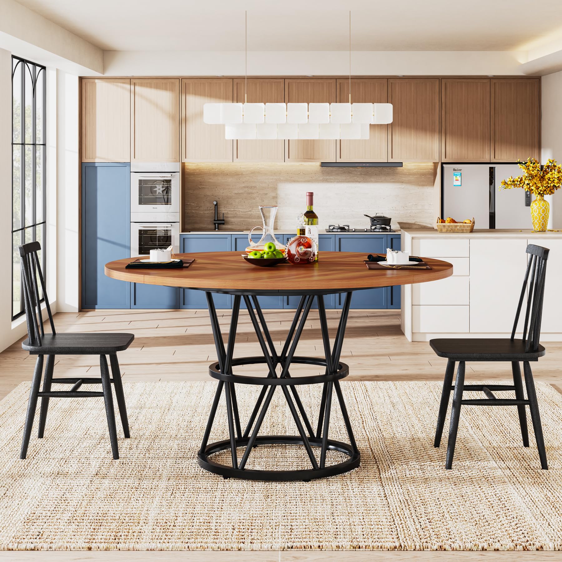 Tribesigns 47-Inch Round Dining Table for 4 - Solid Wood Kitchen Table with Metal Base in Brown & Black - Perfect for Small Spaces, Breakfast Nooks, and Cozy Dining Rooms