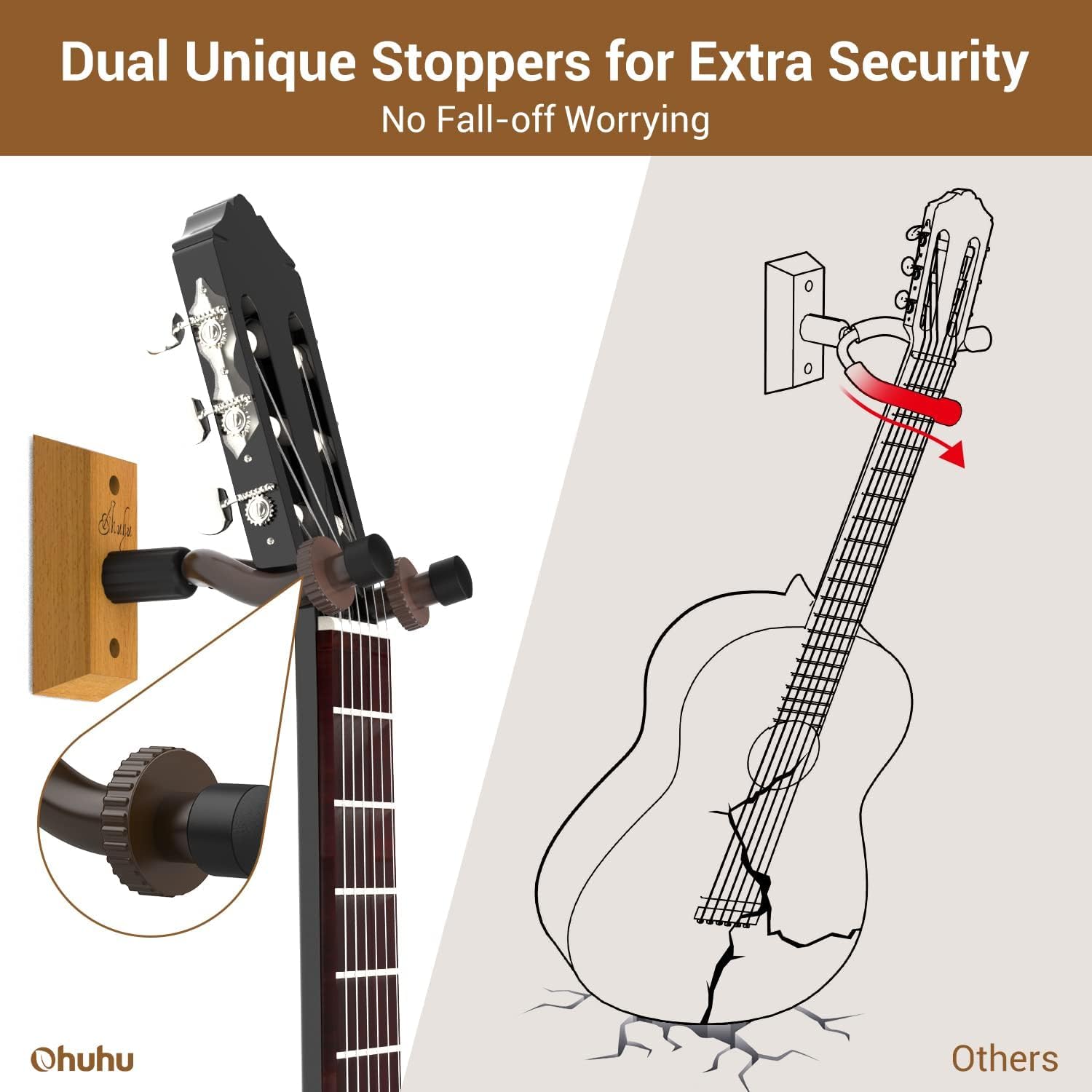 Ohuhu 2-Pack Rotatable Hardwood Guitar Wall Hanger with Screws - Adjustable Stopper Hook Holder for Acoustic, Electric Guitar, Bass, Banjo, Ukulele & Mandolin - Perfect for Home, Studio & Music Room Organization (Natural Wood)