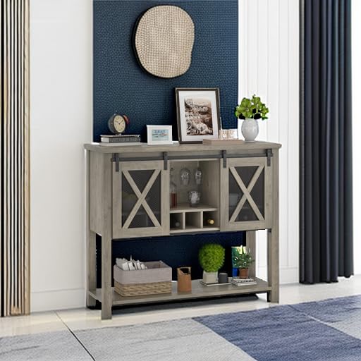 IDEALHOUSE Farmhouse Coffee Bar Cabinet with Sliding Barn Doors - Entryway Console Table with Storage, Wine Liquor Cabinet with Racks - Perfect for Kitchen, Hallway & Living Room - Gray Home Bar Furniture for Entertaining & Storage