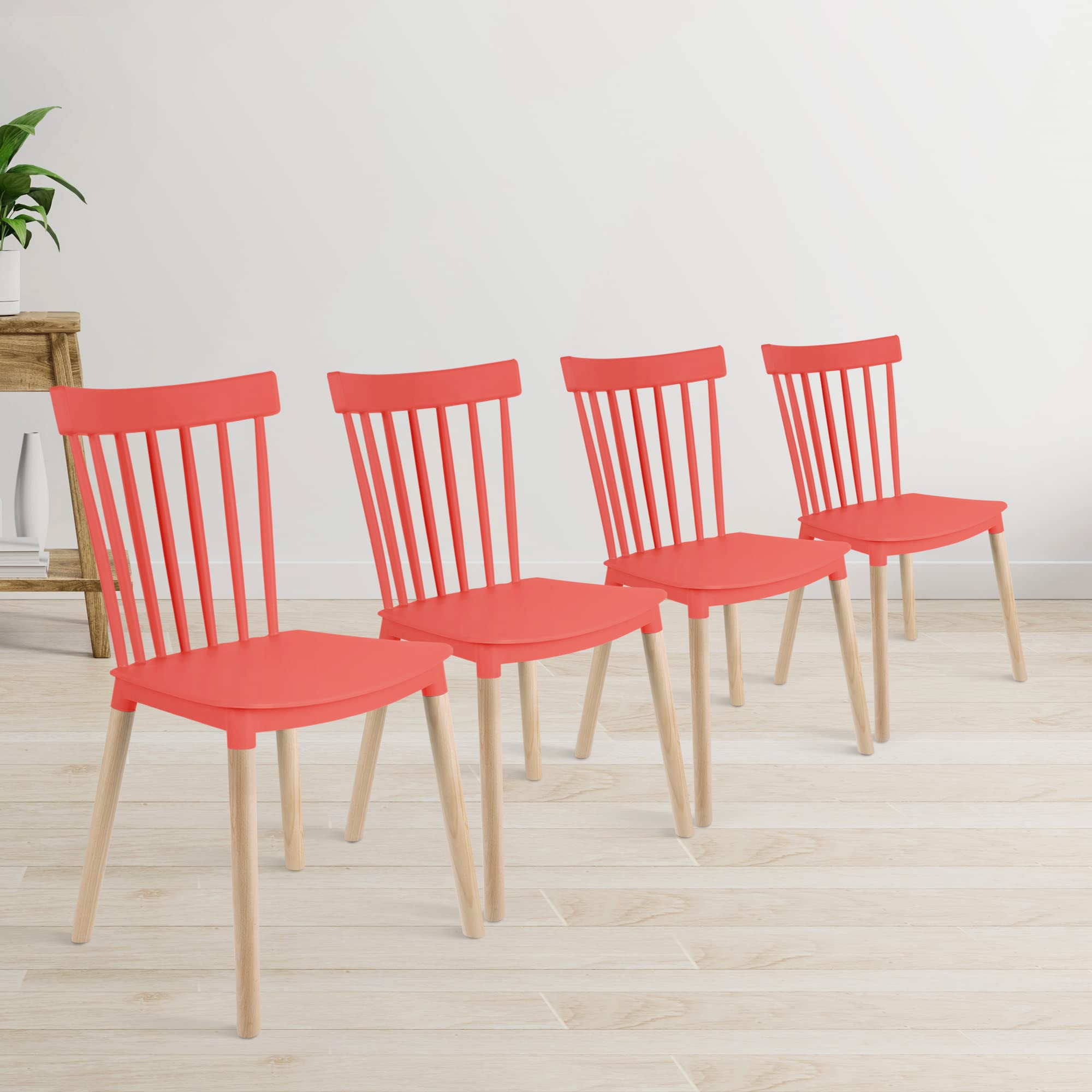 Modern Plastic Armless Dining Chairs with Wooden Legs - Set of 4 Contemporary Stackable Side Chairs for Kitchen, Dining Room, Restaurant, Cafe, Office & Home Decor - Perfect for Small Spaces, Breakfast Nooks and Waiting Areas