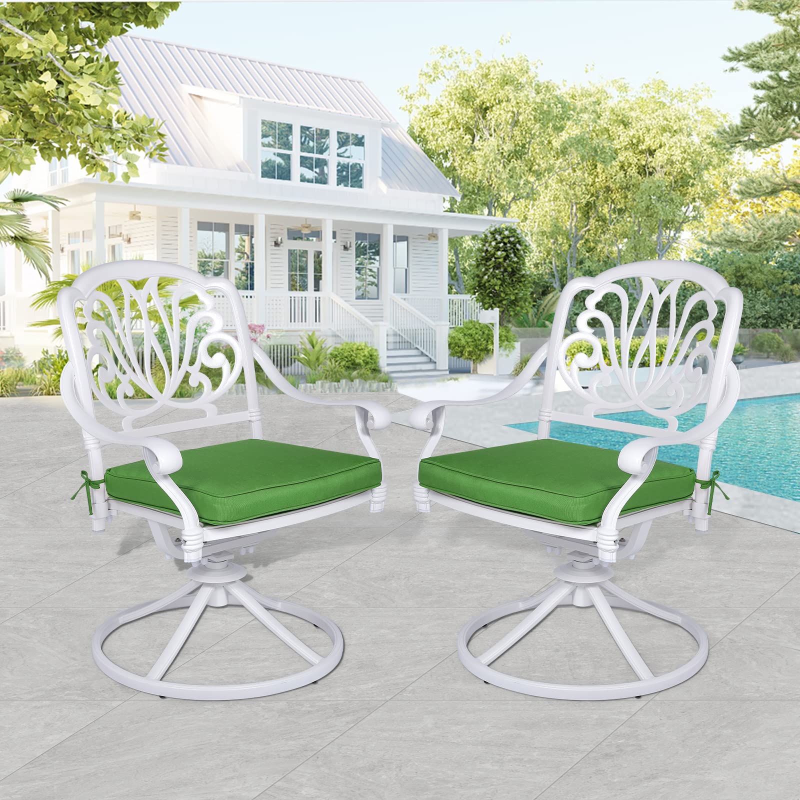 MEETWARM 2-Piece Outdoor Swivel Rocking Chairs - All-Weather Cast Aluminum Patio Dining Set with Cushions - White Bistro Chairs for Garden, Deck, Backyard, Poolside & Outdoor Entertaining