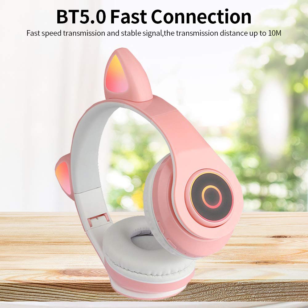 Docooler Cat Ear Headphones with Microphone - Wireless/Wired Over-Ear Gaming Headset with Stereo Hi-Fi Sound, Foldable & Adjustable for Girls, Teens & Adults | Perfect for Gaming, Streaming & Music Listening - Pink