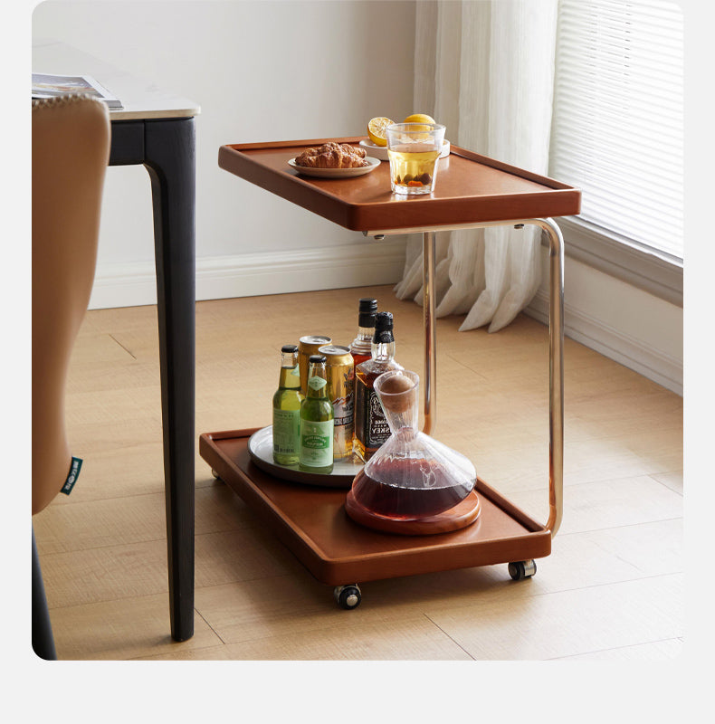 Modern Double Layer C-Shaped Mobile Side Table - Poplar Wood Nightstand for Bedroom, Living Room, Office - Portable End Table with Storage Shelf
