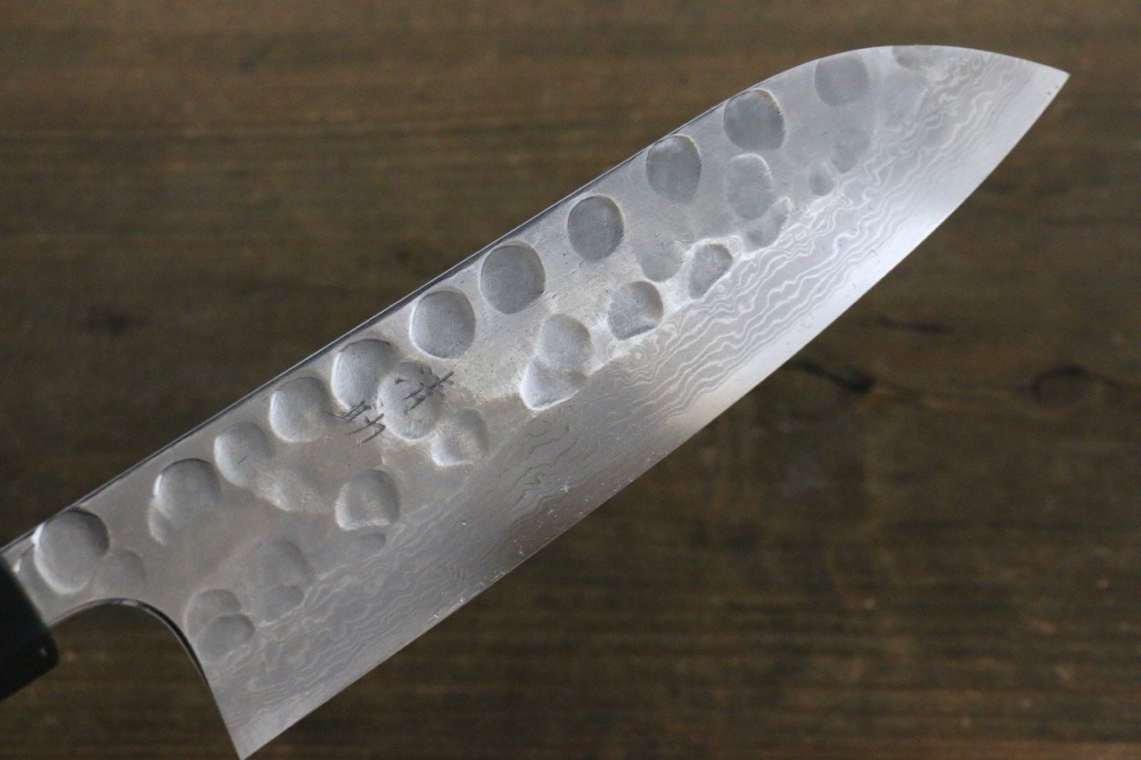 Premium Seisuke Blue Steel No.2 Hammered Damascus Santoku Knife 180mm - Japanese Chef Knife with Shitan Handle - Perfect for Slicing, Dicing & Chopping Vegetables, Meat & Fish