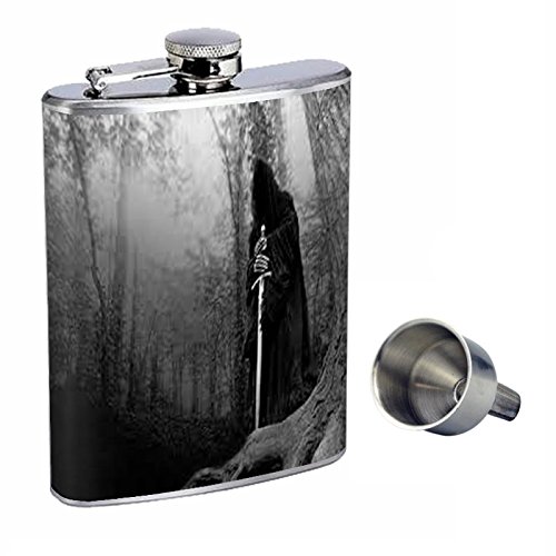 8oz Stainless Steel Gothic Whiskey Flask with Free Funnel - Durable & Leakproof for Outdoor, Travel & Parties (D-002)