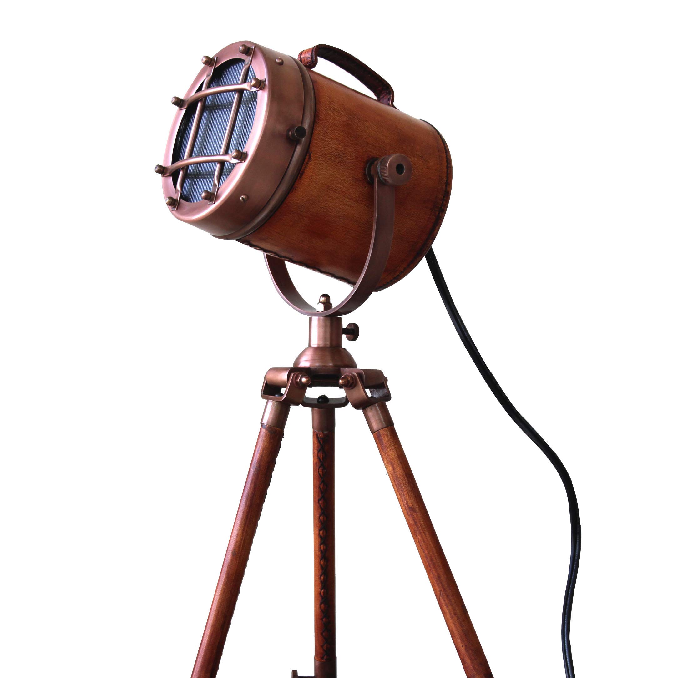Vintage Mini Searchlight Leather Carved LED Desk Lamp - Adjustable Tripod Base, Antique Home Decor Lighting for Study, Office & Bedroom