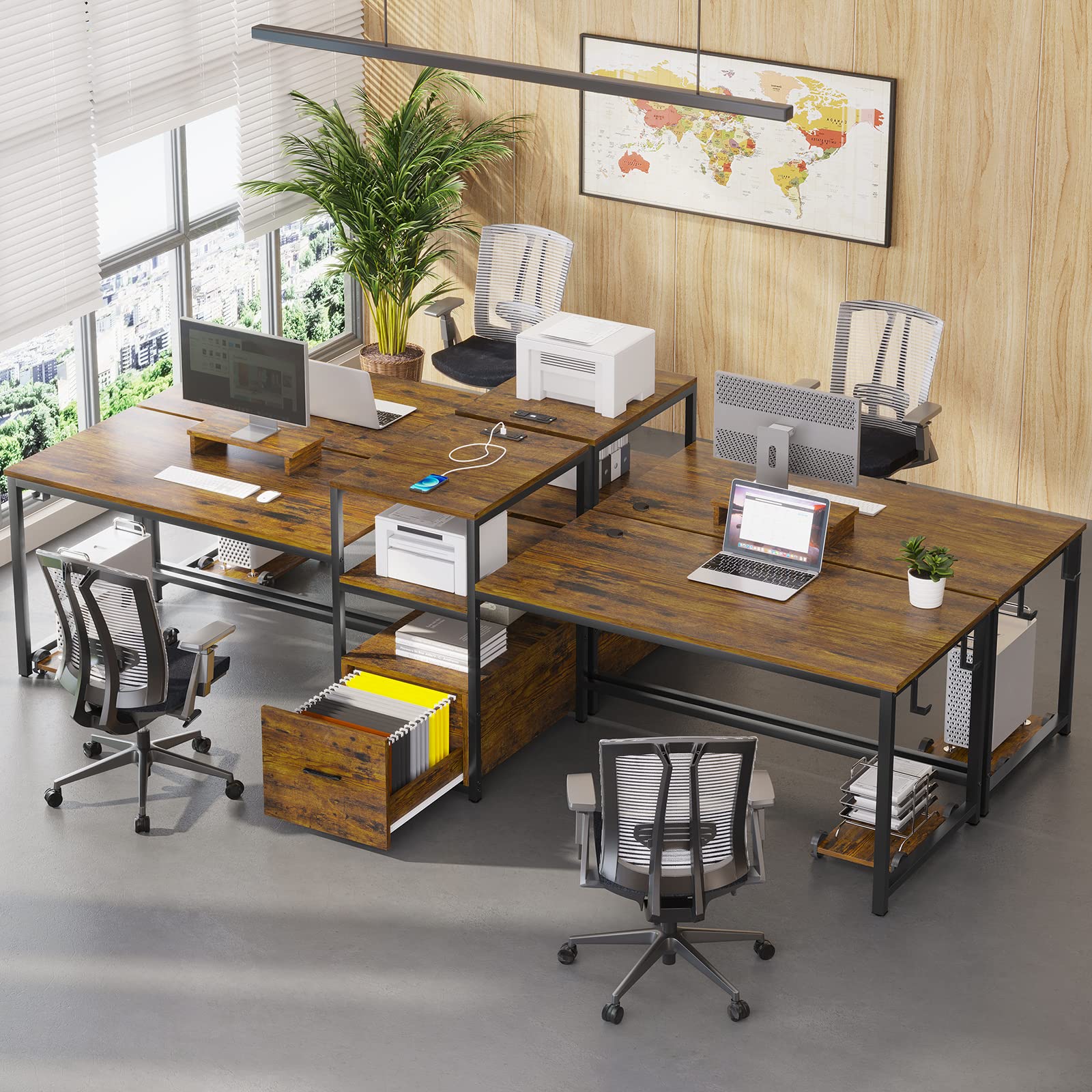 SEDETA 98 Inch Large Home Office Desk for 2 People - Rustic Brown Computer Desk with Storage Drawer, USB Power Strip, Printer Shelf & Monitor Stand - Perfect for Shared Workspace, Gaming Setup or Study Room