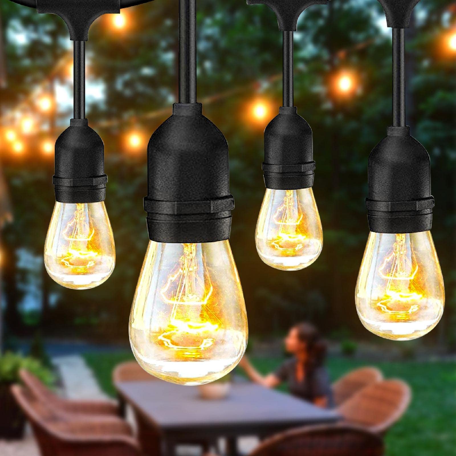 24-Pack S14 LED String Lights with Black Wire - Waterproof Outdoor Yard & Garden Lighting for Patio, Backyard, Party Decoration
