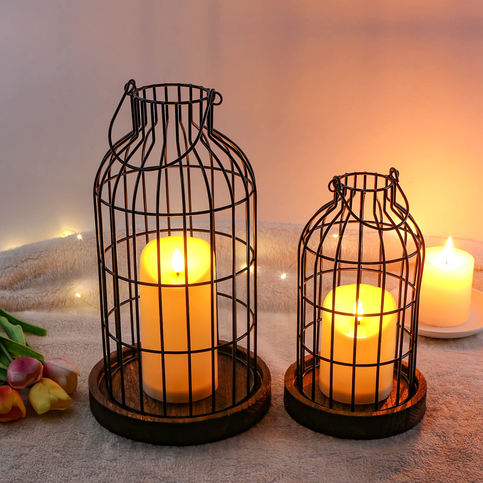 Modern Farmhouse Decor Candle Holder with Electronic Candle - Rustic Metal Lantern & Wire Cloche Set for Home, Living Room, Dining Table, Mantel, Fireplace | Perfect for Cozy Evenings, Romantic Dinners & Holiday Decorations
