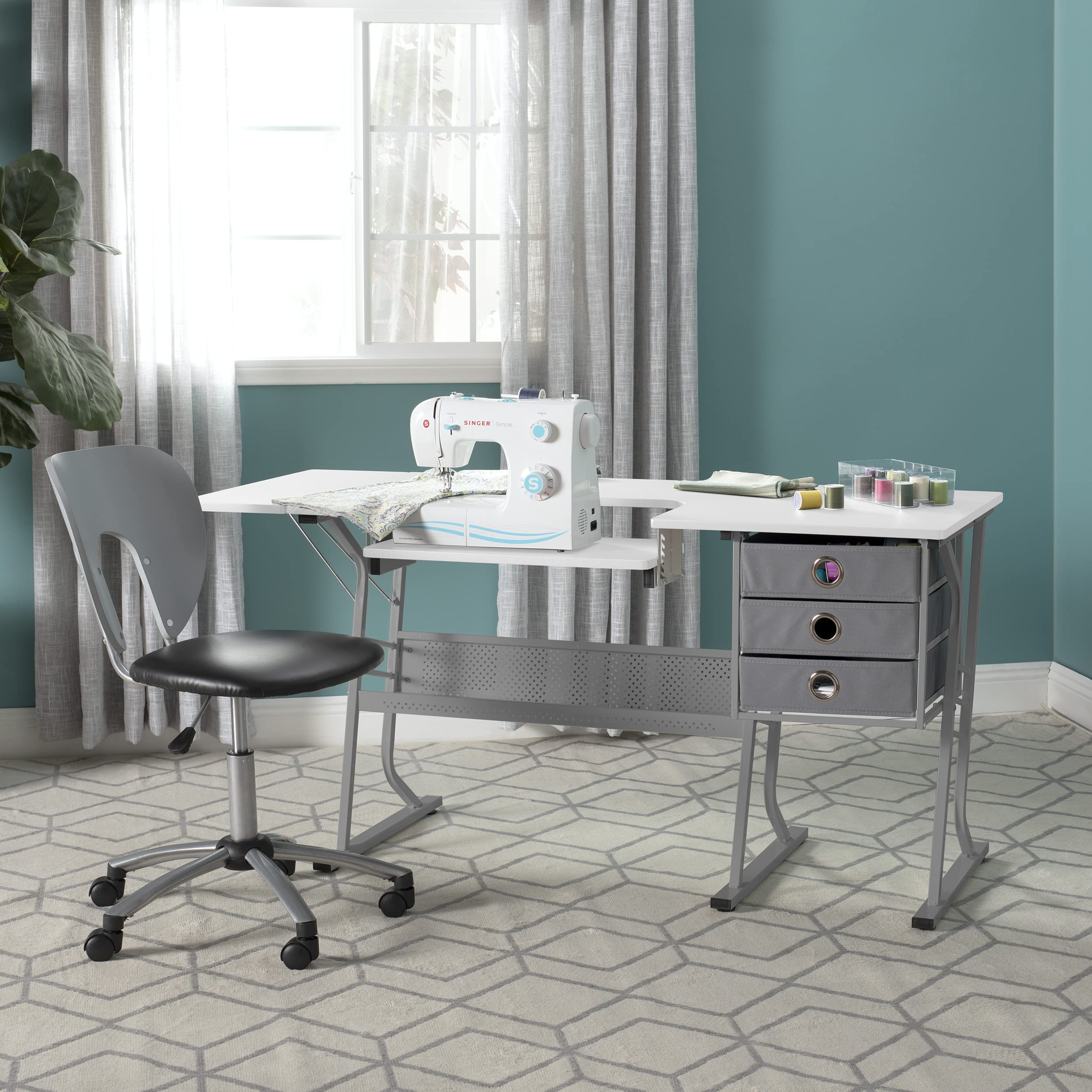 Eclipse Sewing Machine Table with Storage Drawers - White Craft Table with Gray Drawers & Large Lower Shelf - Multi-Purpose Hobby Desk for Sewing, Quilting & Computer Work - Perfect for Home Studios & Craft Rooms