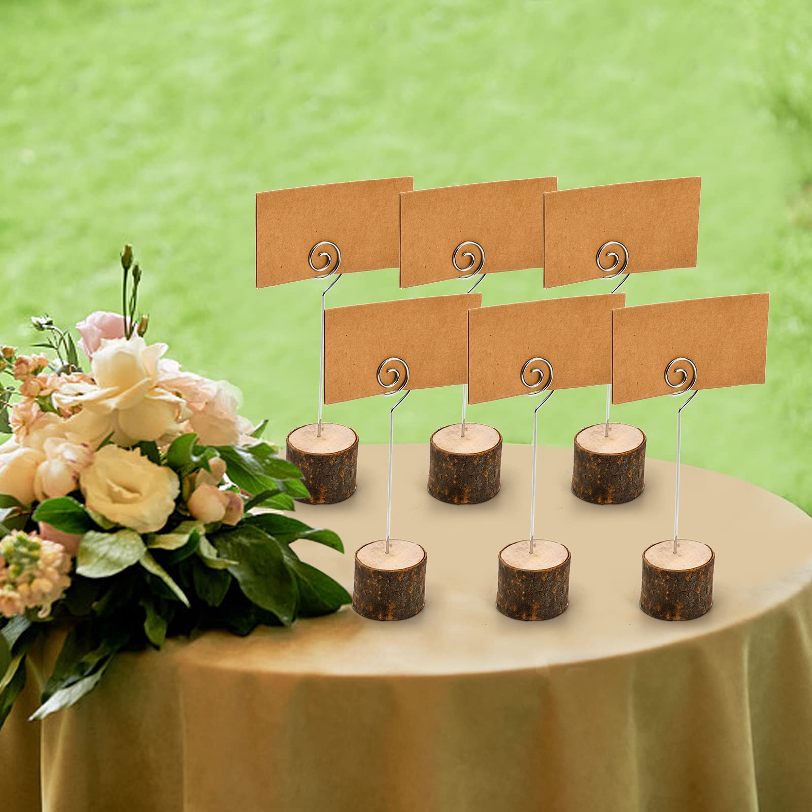 Tosnail 50 Pack Rustic Wooden Place Card Holders with Kraft Paper Cards - Wedding, Party, Table Number & Photo Display Stands - Spiral Wire Design for Elegant Events