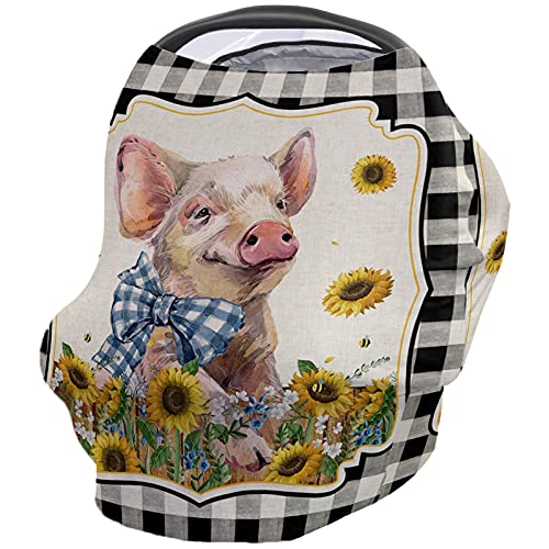 **Baby Car Seat Cover for Newborns - Farm Pig & Sunflowers Rustic Black Buffalo Plaid - Soft, Breathable, Stretchy & Adjustable Nursing Cover (26x27.6 Inch) - Perfect for Travel, Stroller & Breastfeeding**