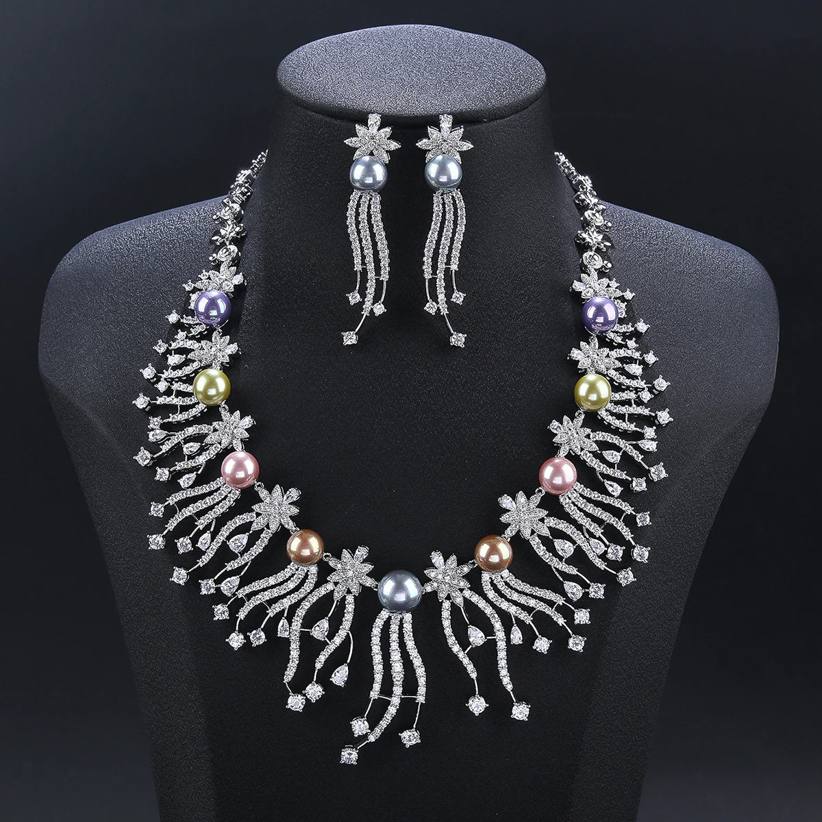 Luxury Bridal Jewelry Set - Pearl & Cubic Zirconia Necklace & Earrings Set for Women - Elegant Wedding, Party & Special Occasion Jewelry CN11558