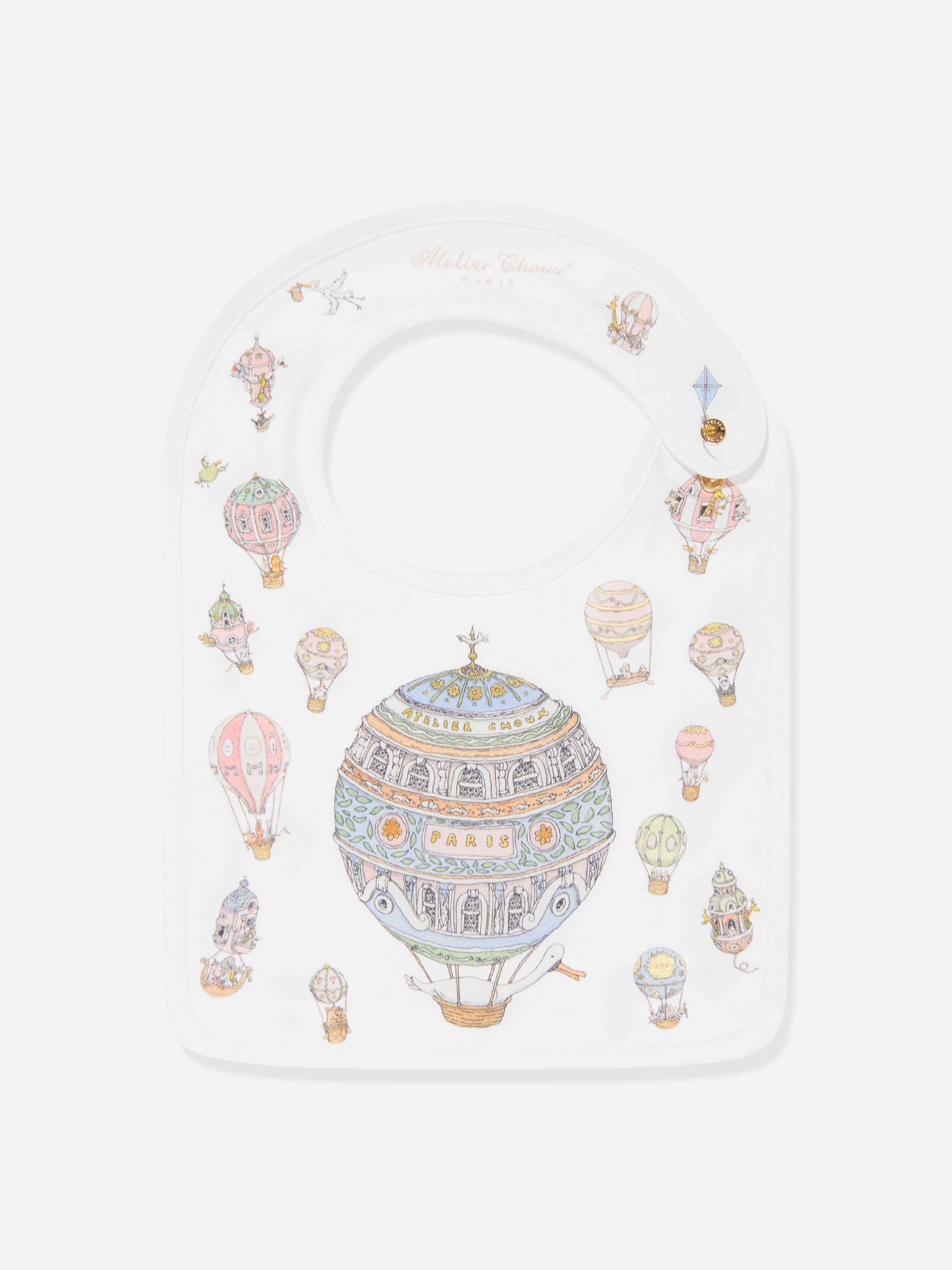 Atelier Choux Baby Hot Air Balloons Swaddle & Satin Bib Set - White | Soft Newborn Swaddle Blanket & Drool Bib for Boys & Girls | Perfect for Nursery, Photography & Baby Shower Gifts