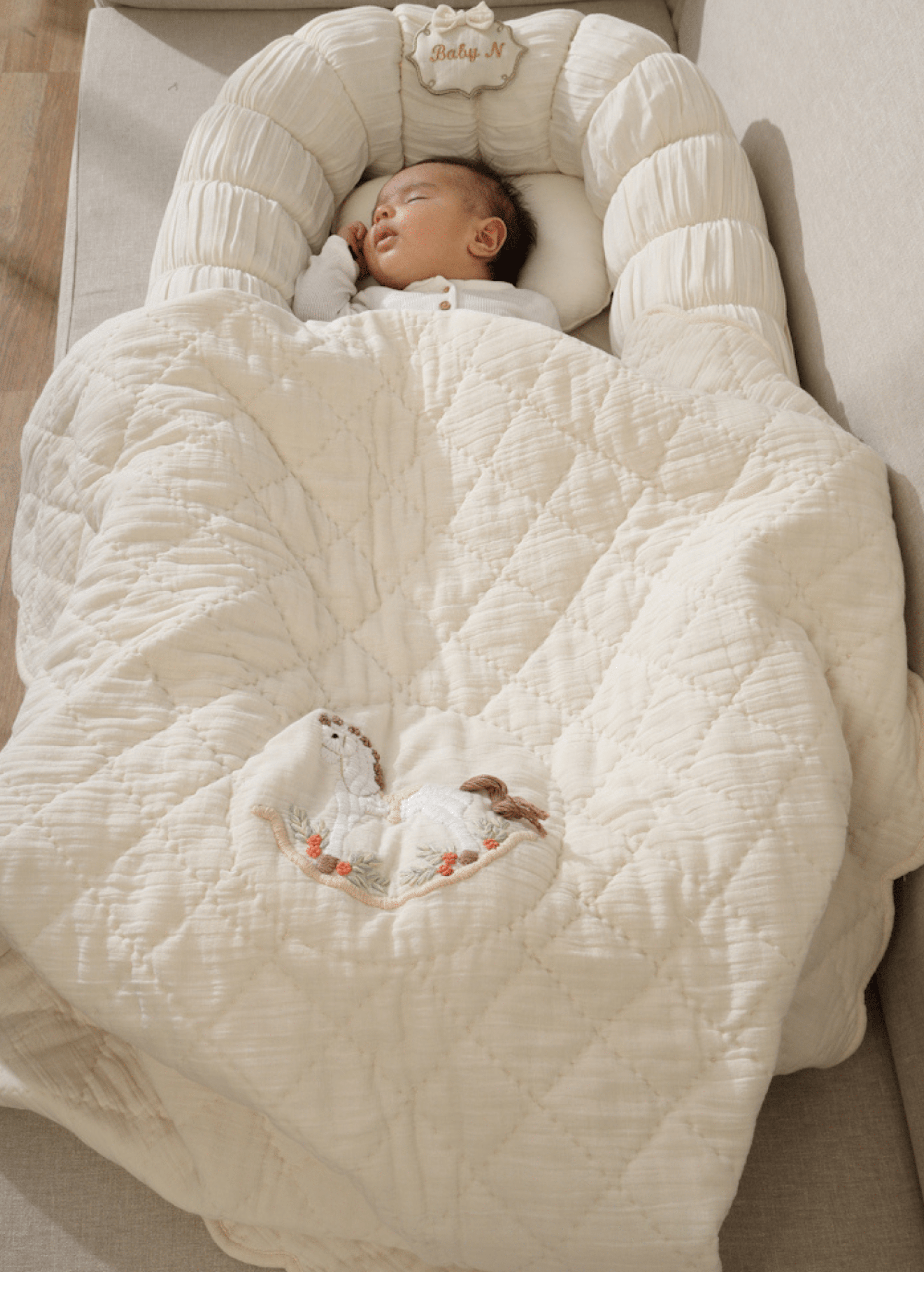 The Sleep Cloud Nest Ecru Baby Blanket with Rocking Horse Design - Soft & Cozy for Nursery, Swaddling, and Stroller Use