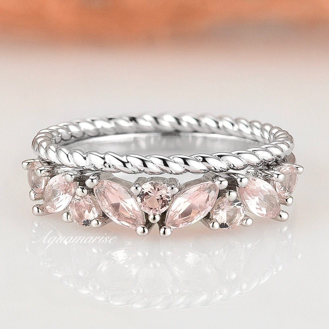 Willow Morganite Ring Set - Sterling Silver Rose Gold Plated Stackable Rings for Women, Elegant Wedding Engagement Promise Gift for Her | Perfect for Anniversaries, Valentine's Day & Special Occasions
