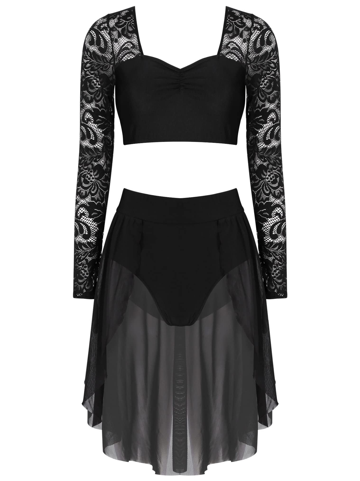 Women's Floral Lace Lyrical Dance Costume Set - Sexy Crop Top with Shorts & Tutu Skirt 2-Piece Outfit for Ballet, Contemporary Dance & Performance