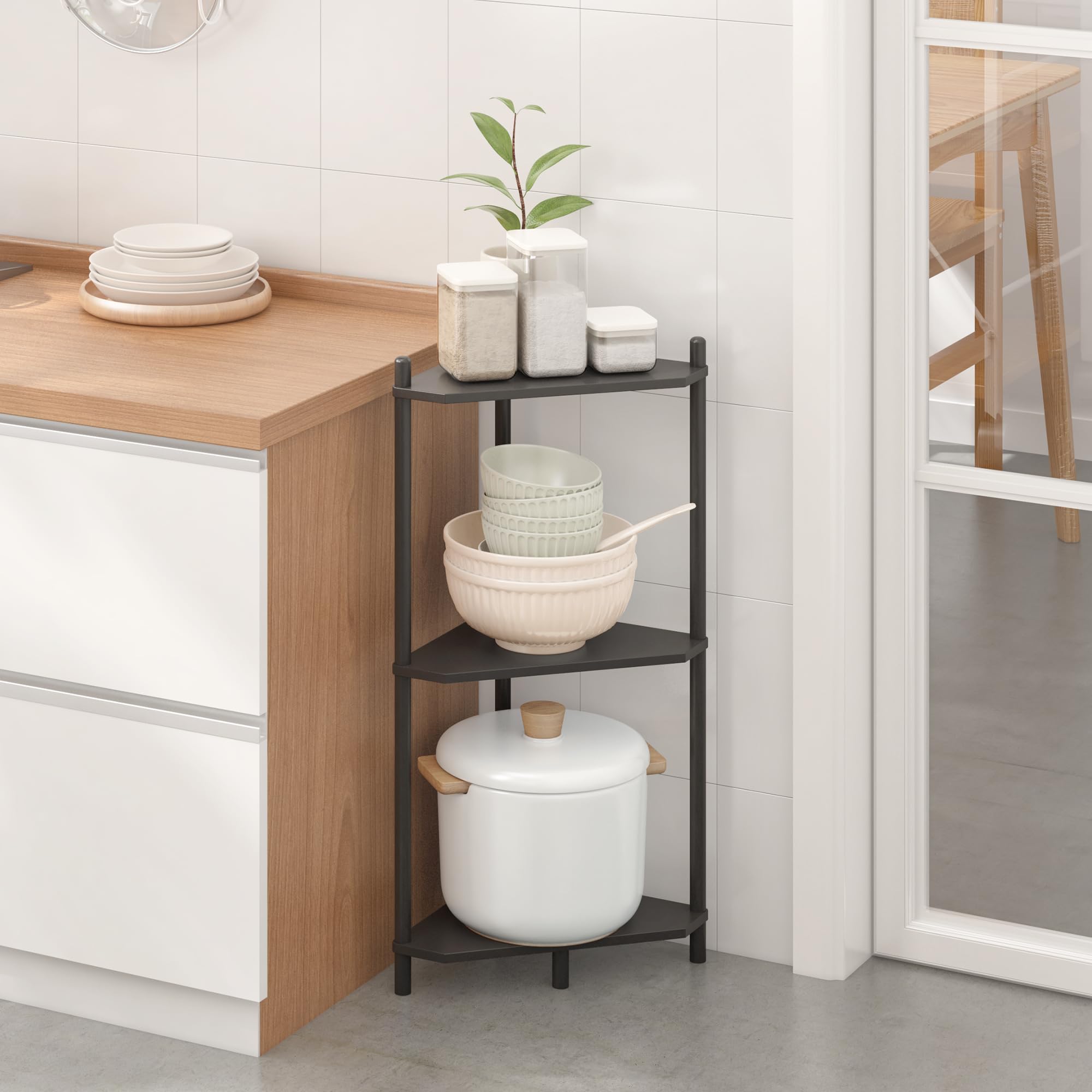 Wisuce 3-Tier Bamboo Corner Shelf Stand - Space-Saving Storage for Office, Kitchen, Bedroom & Living Room - Perfect for Books, Plants & Home Decor (Black) - Ideal for Small Spaces & Apartment Organization