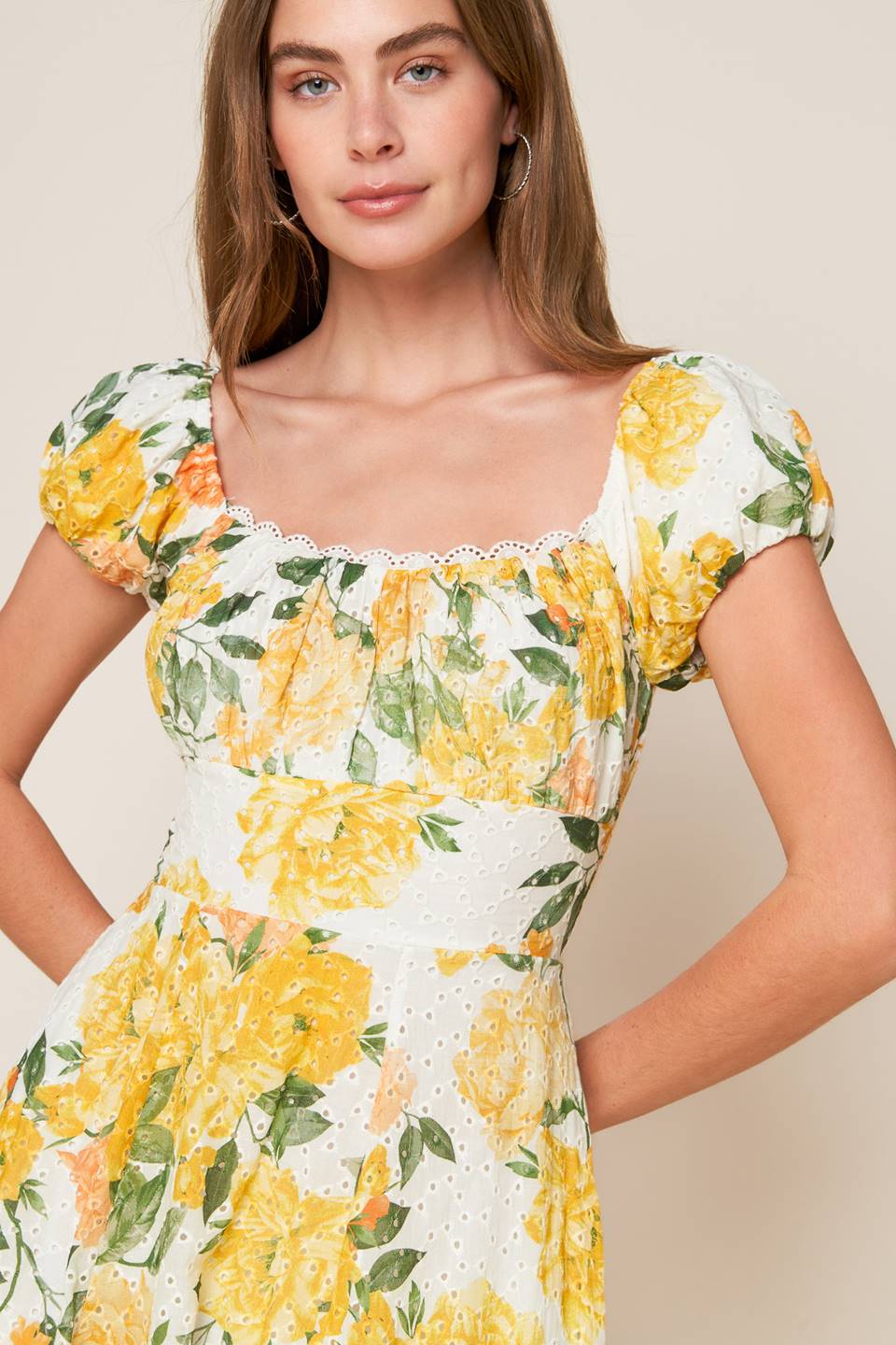 Garden of Dreams Yellow Eyelet Midi Dress - Perfect for Summer Weddings, Beach Vacations & Casual Outings