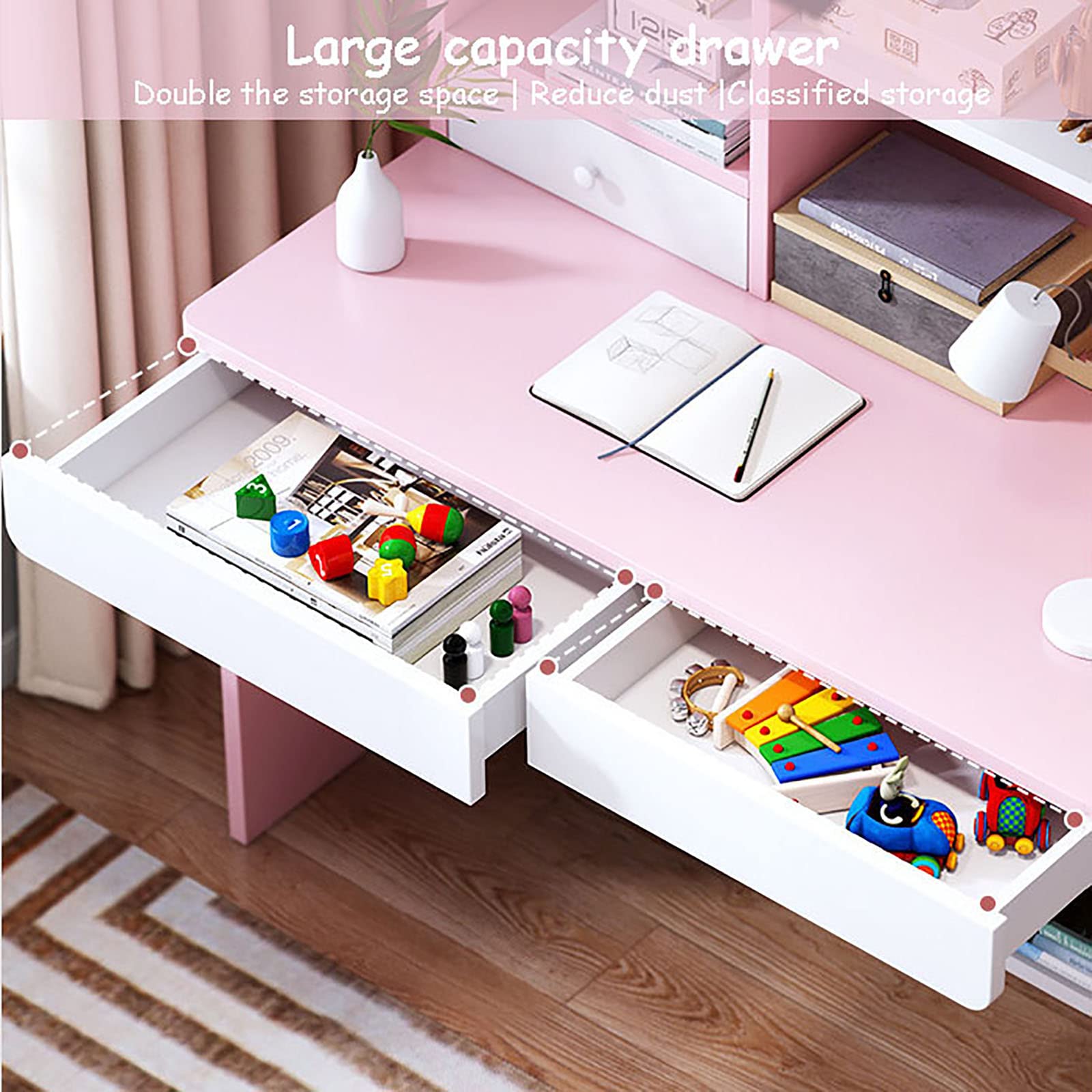 QQXX Adorable Wooden Study Desk and Chair Set with Hutch & Drawers - Kids Study Table Computer Workstation for Boys & Girls - Perfect for Homeschooling, Online Learning & Home Office Use