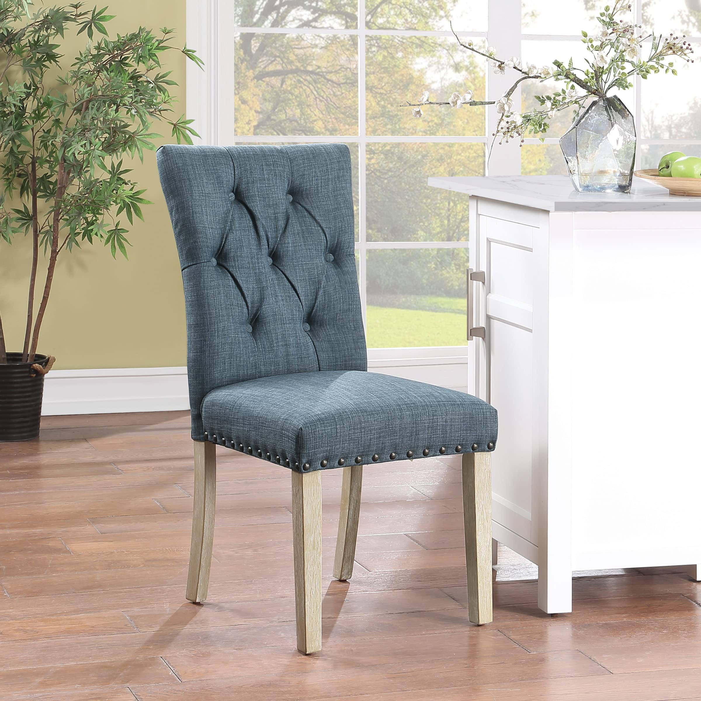 OSP Home Furnishings Preston Dining Chairs 2-Pack - Button Tufted Back, Antique Bronze Nailhead Trim, Indigo Fabric Upholstery - Elegant Kitchen & Dining Room Furniture Set for Home Decor