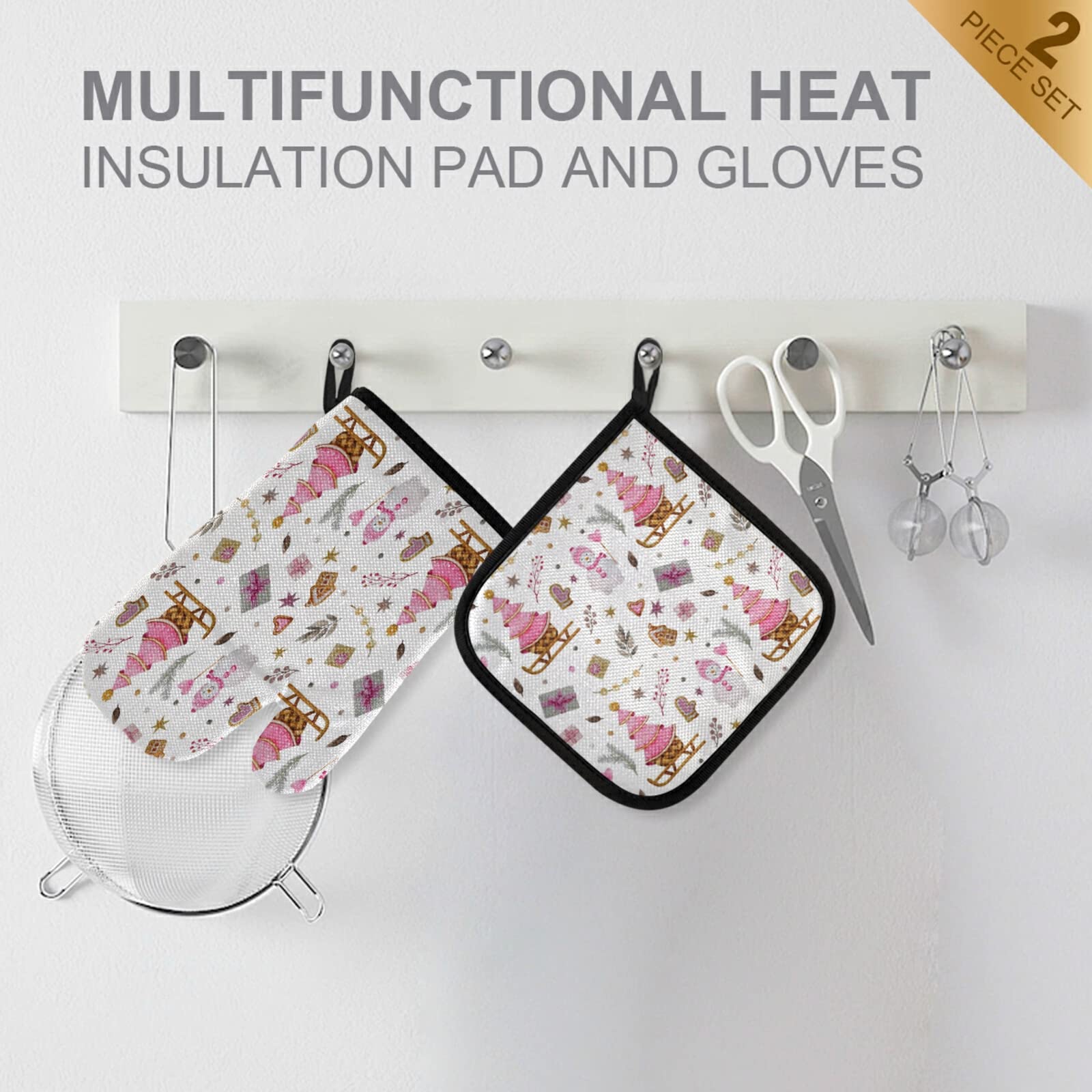 QUGRL Pink Christmas Tree Oven Mitts & Pot Holders Set - Snowman Pattern Heat Resistant Kitchen Gloves for Baking, Cooking & BBQ - Perfect Holiday Gift for Home Chefs