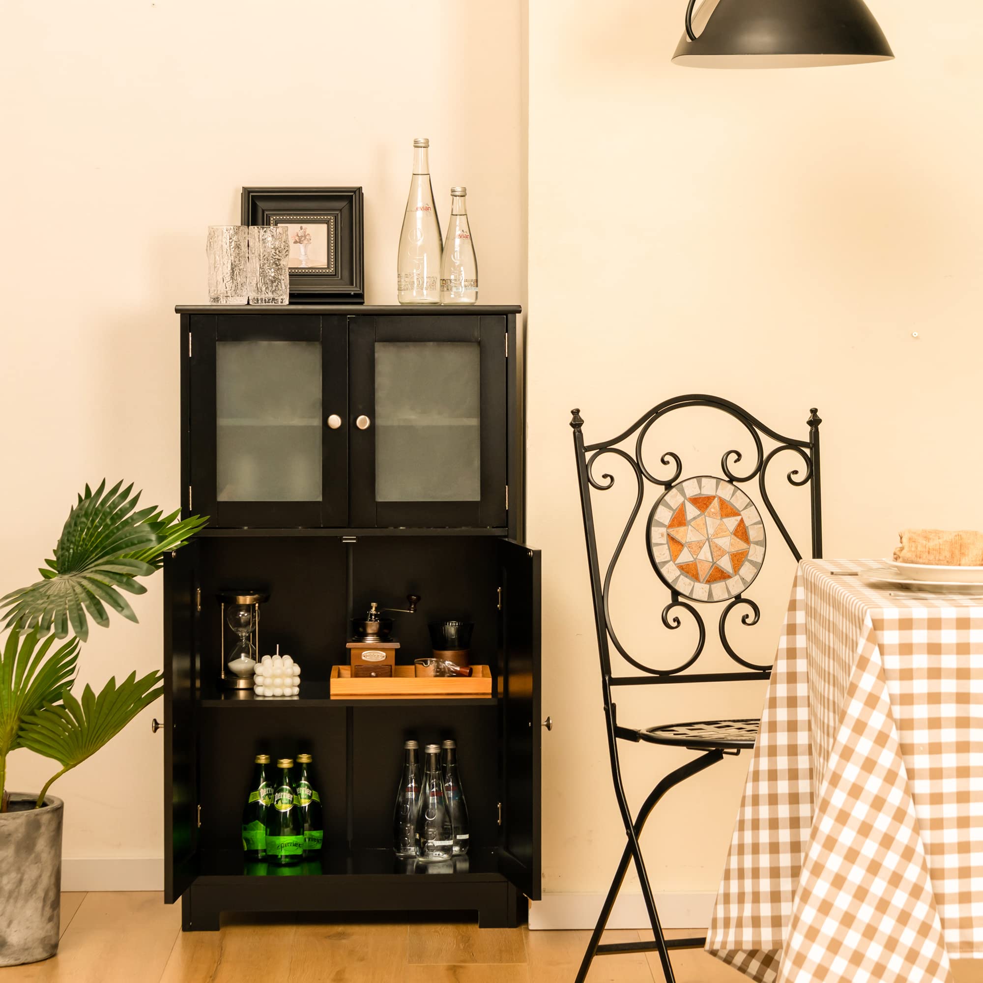 LOKO Wooden Floor Storage Cabinet with Glass Doors & Adjustable Shelf - Bathroom, Kitchen & Living Room Organizer - Perfect for Bath Essentials, Kitchen Supplies & Home Decor (Black)