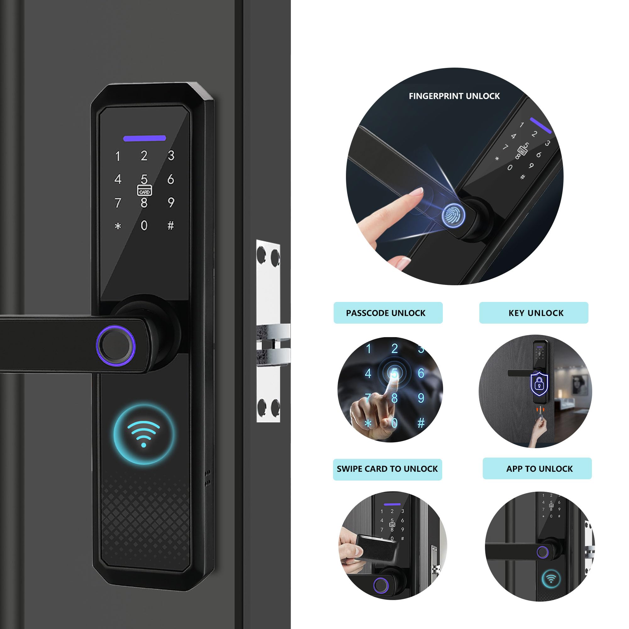 Smart Keyless Entry Door Lock - Fingerprint, WiFi, Keypad, Auto Lock & Free App for Home Security | Electronic Digital Deadbolt with 2-Way Handle, Password & IC Card Access | Perfect for Apartments, Offices & Smart Homes (Black)