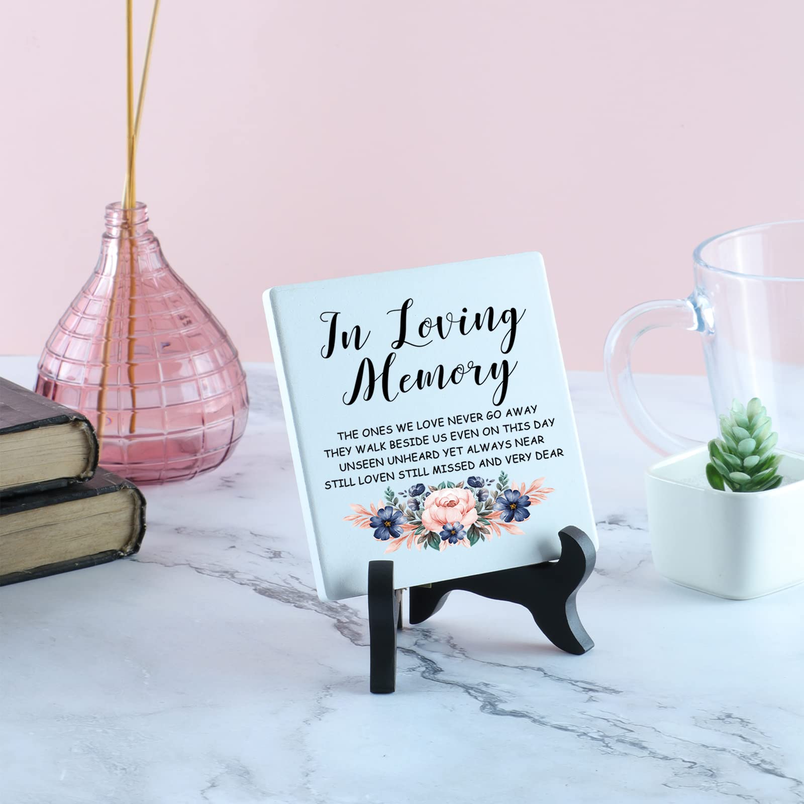 Loving Memory Ceramic Tile with Wooden Stand - Sympathy Gifts for Loss of Loved One, Bereavement Condolence Gifts, Funeral Memorial Plaque Sign - Perfect for Home Memorial, Funeral Service, and Grieving Comfort