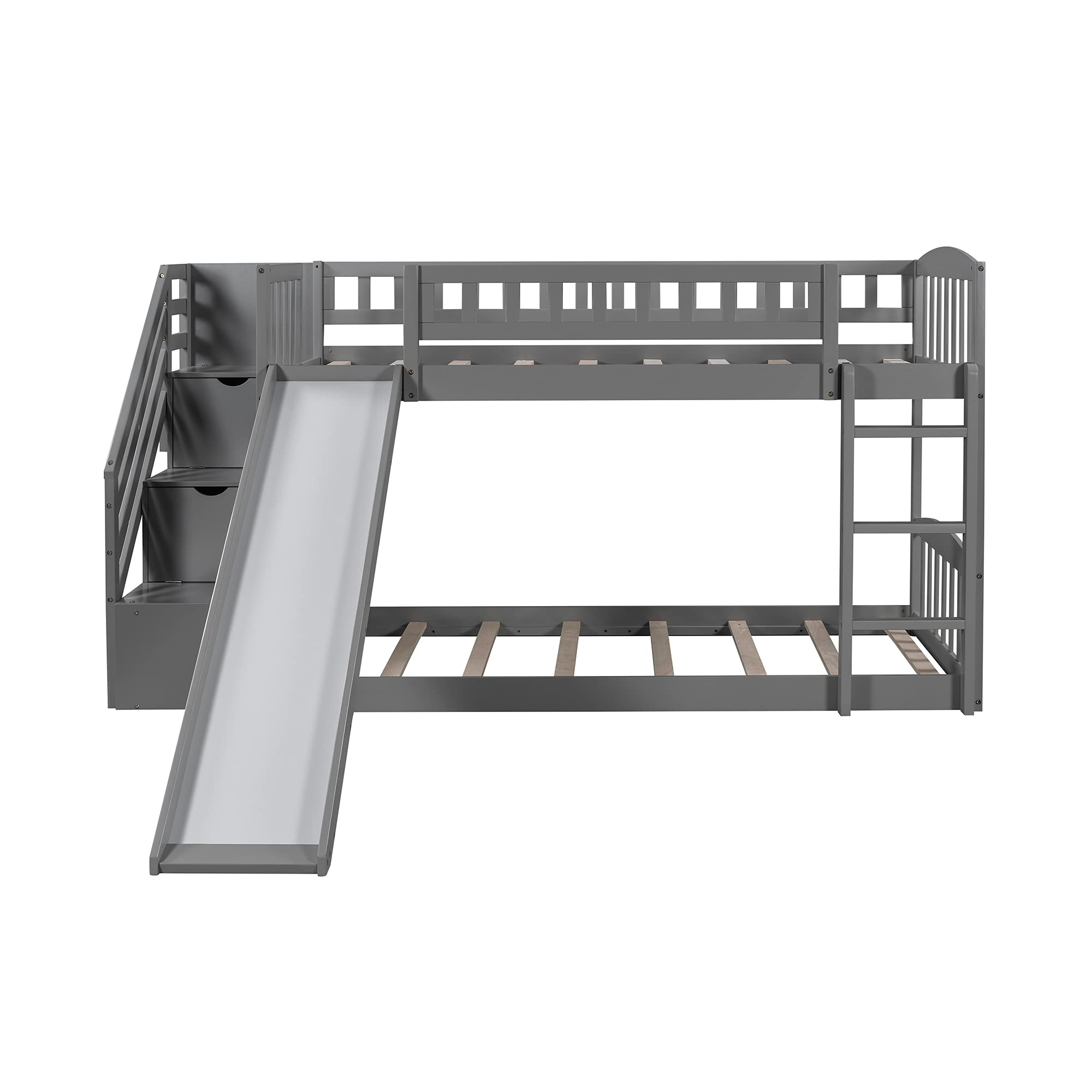 Rhomtree Twin Over Twin Bunk Bed with Slide - Convertible Kids Loft Bed Frame with Ladder, Full-Length Guardrails & 2 Storage Drawers - No Box Spring Needed (Gray) - Perfect for Small Bedrooms, Playrooms & Sleepovers