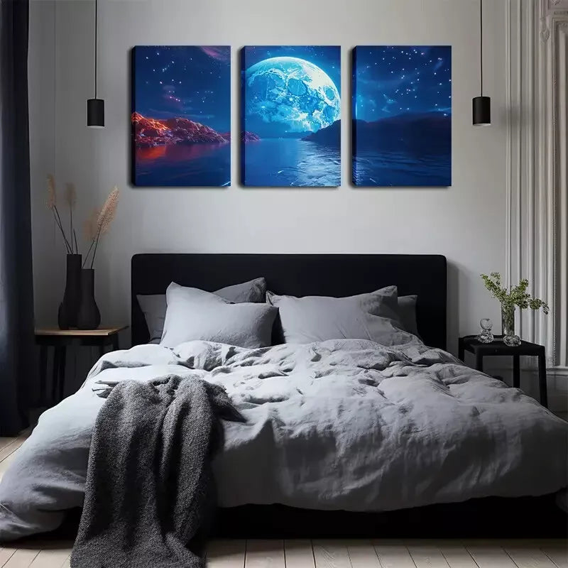 3-Piece Large Moon on the Sea Wall Art Set - Framed Canvas 40x60cm (16x24in) - High Quality Print 100% Australian Made - Ready to Hang Ocean Themed Decor for Living Room, Bedroom & Office