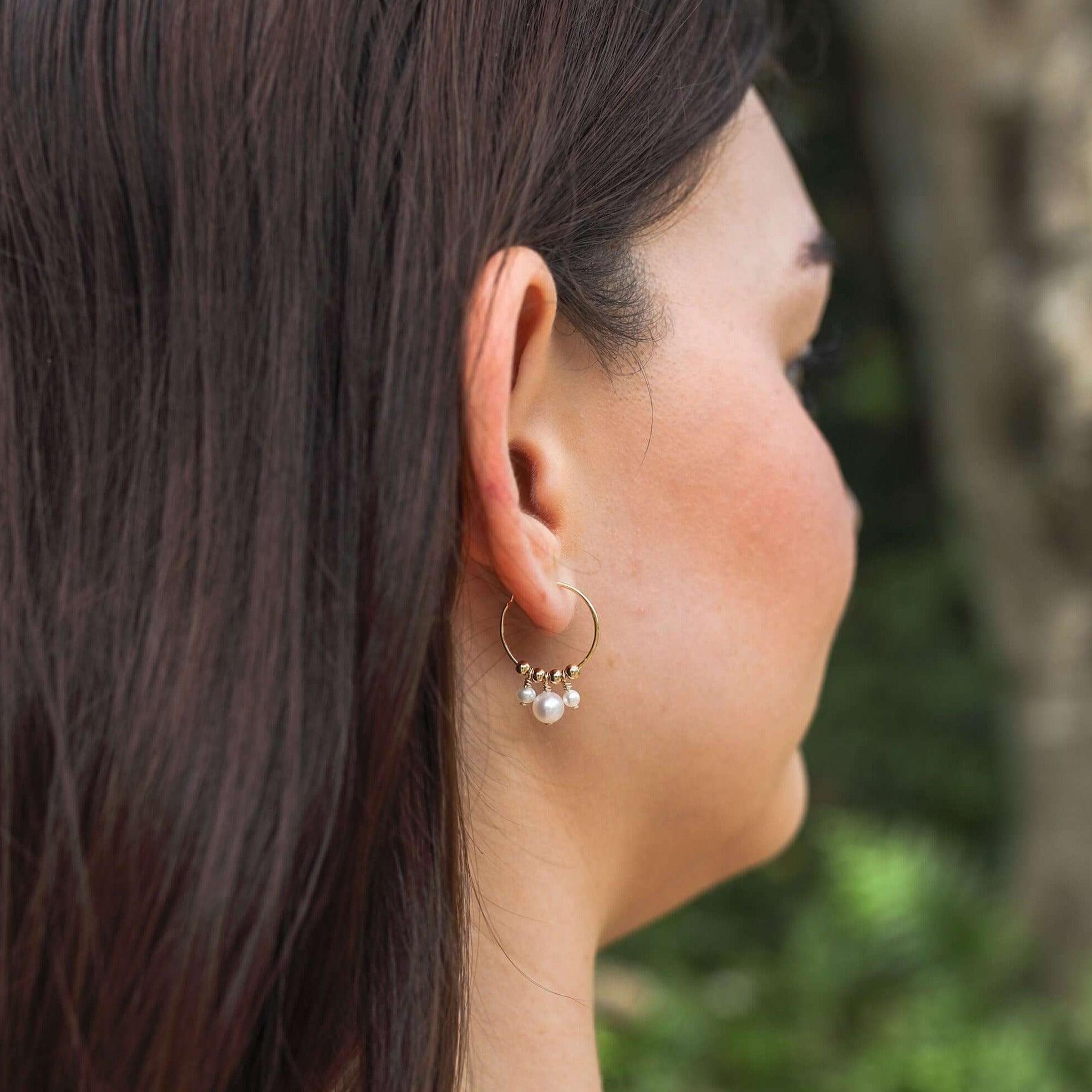Elegant White Freshwater Pearl Drop Hoop Earrings - Genuine Gemstone Beaded Jewelry for Women | Perfect for Weddings, Parties & Everyday Wear