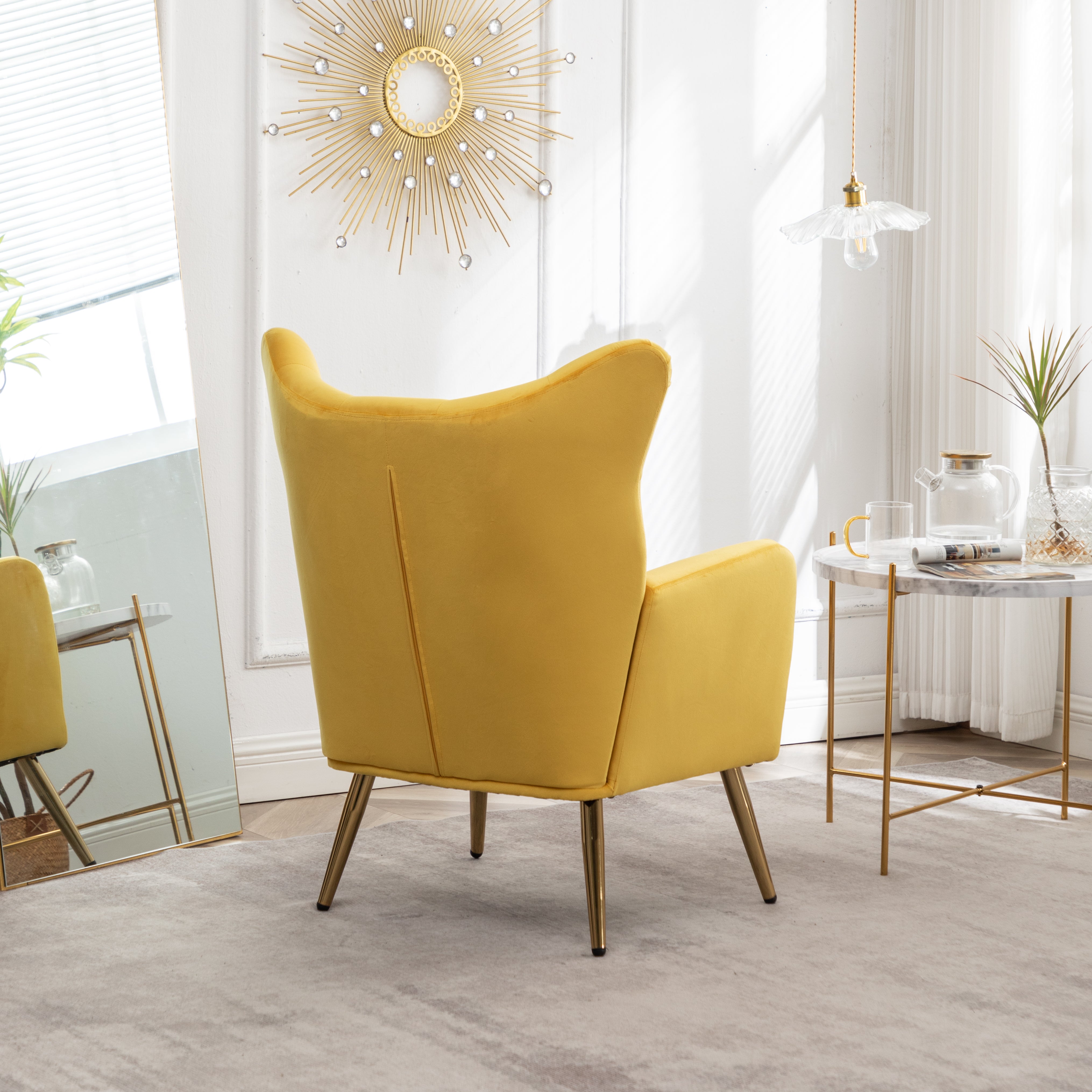 Roundhill Furniture Sovarol Velvet Button Tufted Wingback Accent Chair - Luxurious Yellow Velvet Upholstery for Living Room, Bedroom & Home Office Decor