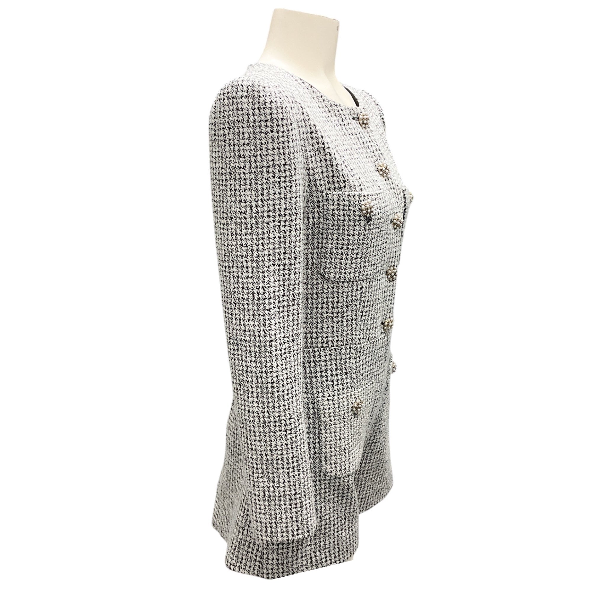 Alice + Olivia Women's White & Black Pearl Embellished Tweed Romper Jumpsuit with Buttons | Elegant Party Outfit for Cocktail Dresses & Summer Events