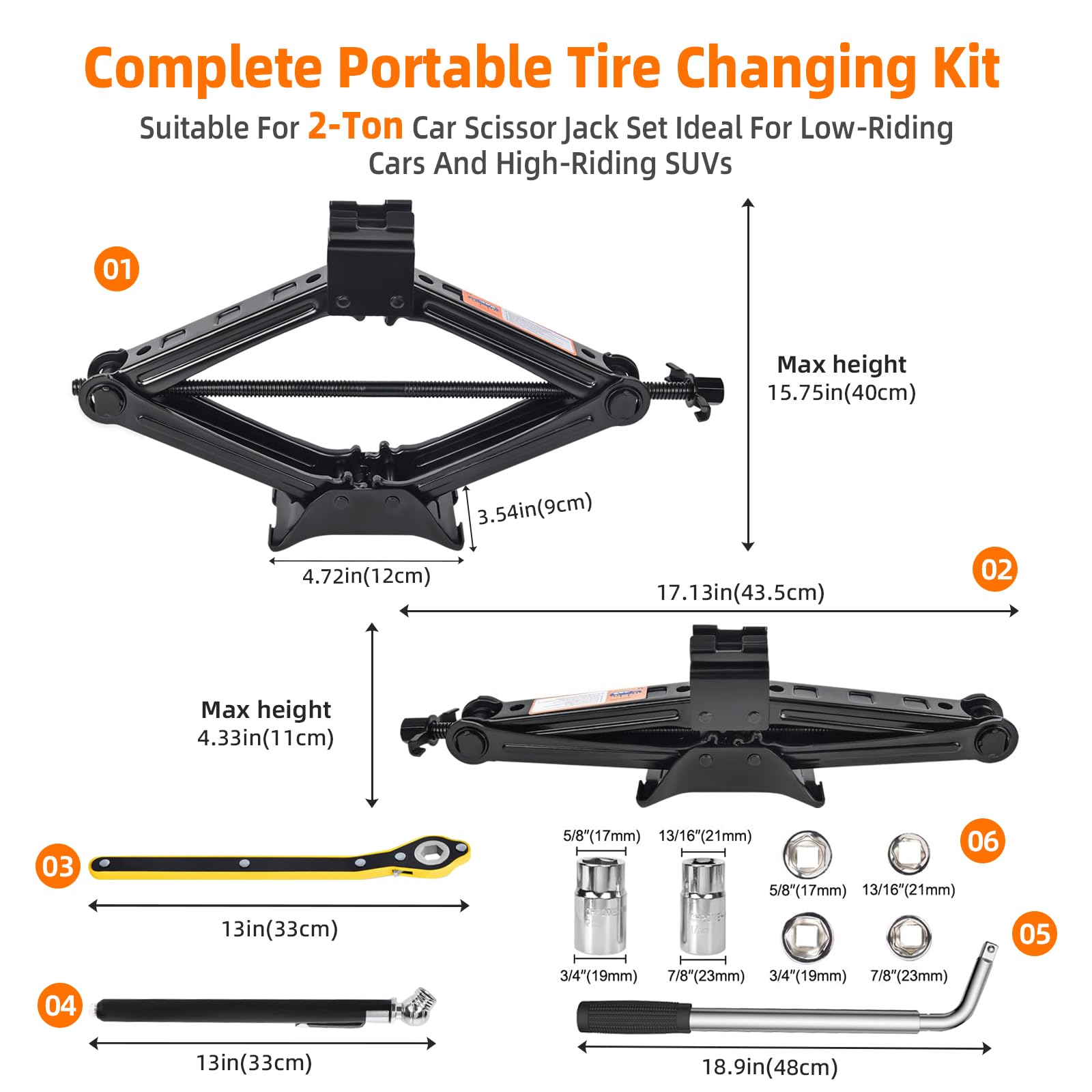 2 Ton (4409 lbs) Car Jack Kit - Heavy Duty Scissor Jack with Ratchet Wrench, Lug Wrench, Gloves & Tire Pressure Gauge | Portable Tire Changing Kit for Cars, SUVs & MPVs | Emergency Roadside Assistance & Flat Tire Repair