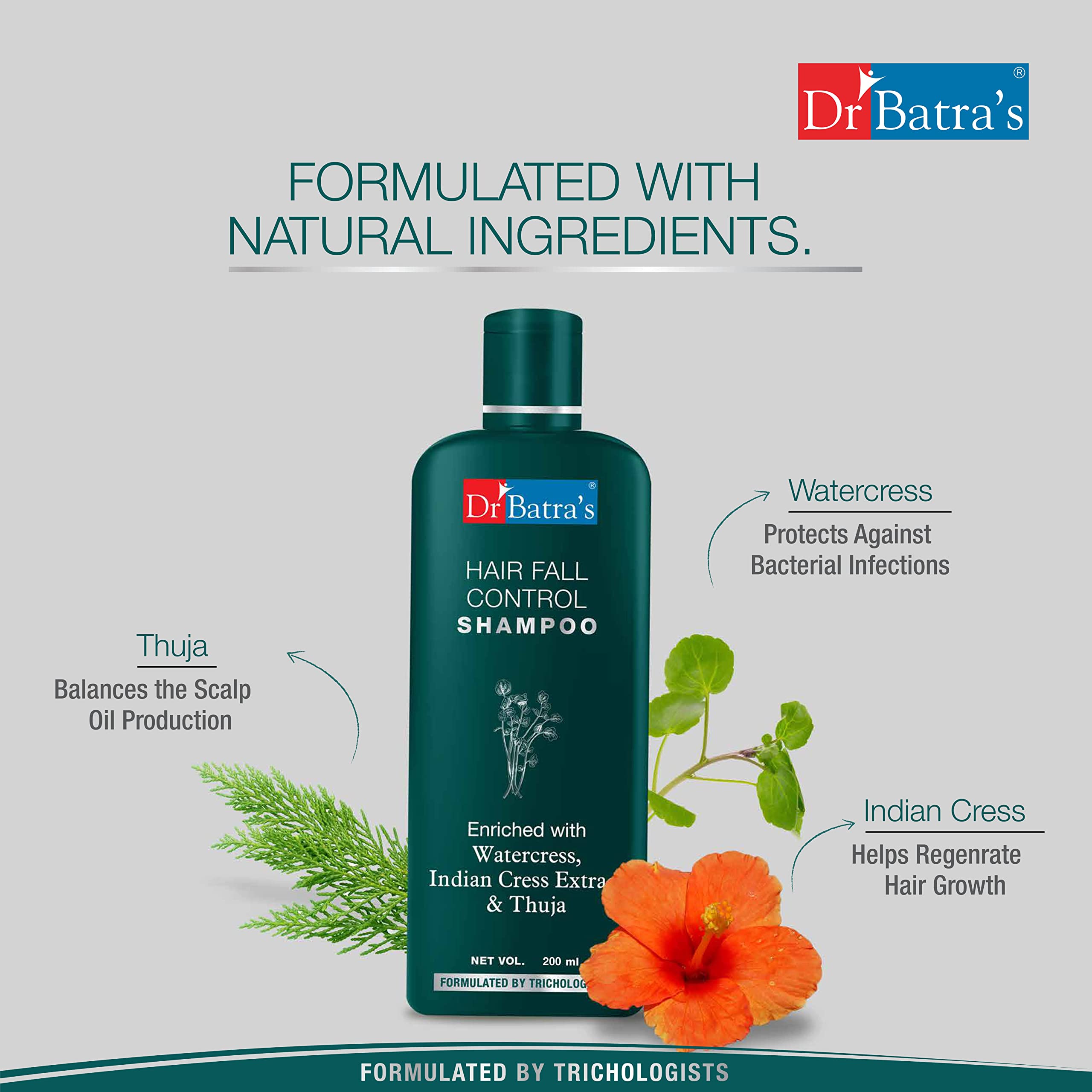 Dr Batra's Herbal Hair Fall Control Shampoo - Natural Anti-Hair Loss Treatment, Paraben & Sulfate Free, Silicone Free Formula (200ml) - Best for Thinning Hair & Scalp Care - Perfect for Daily Use & Hair Regrowth Therapy