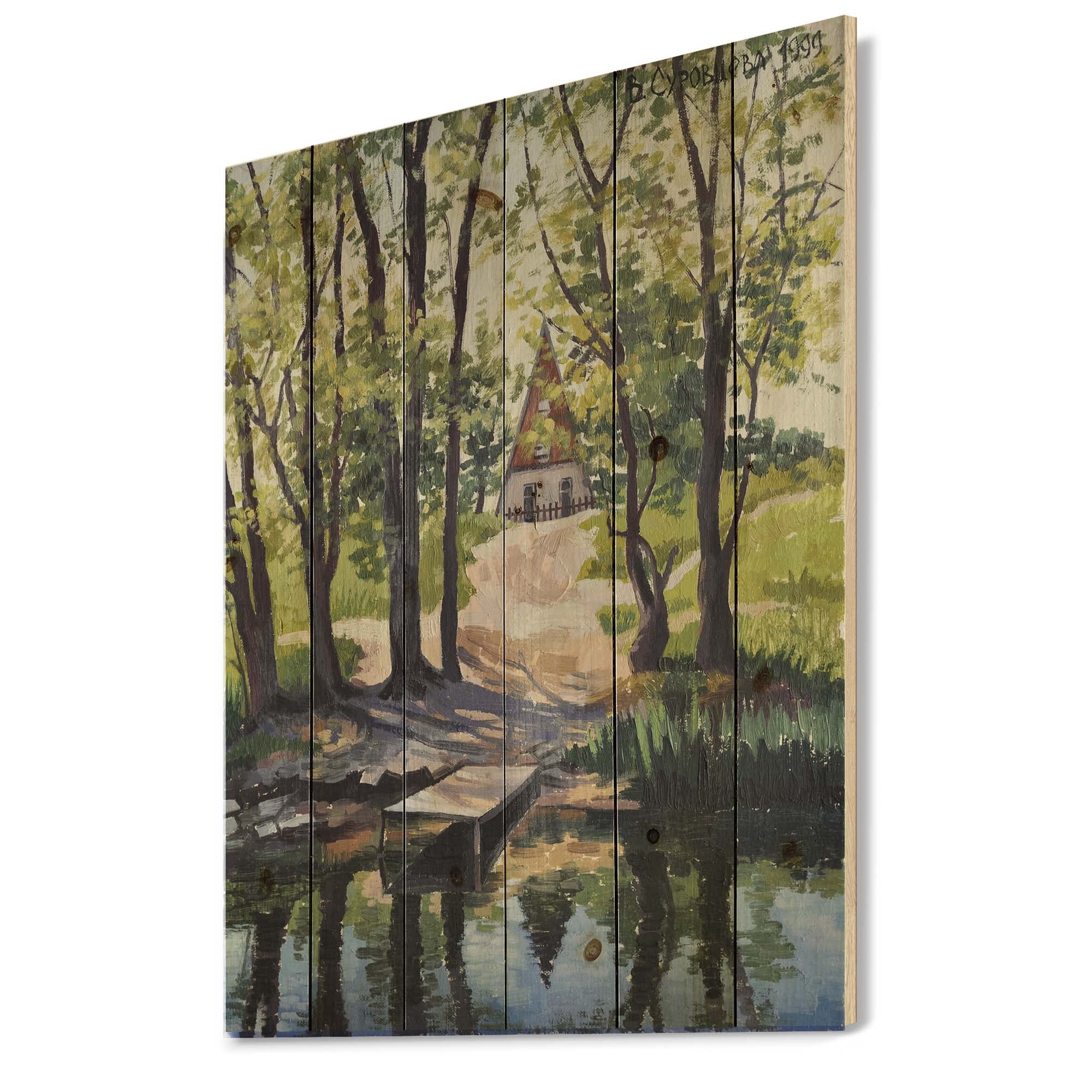 Rustic Lake House Wood Wall Art - Large Landscape Pine Wood Panel Decor for Cabin, Living Room & Bedroom | Nature-Inspired Green Wood Wall Panels Printed on Natural Pine