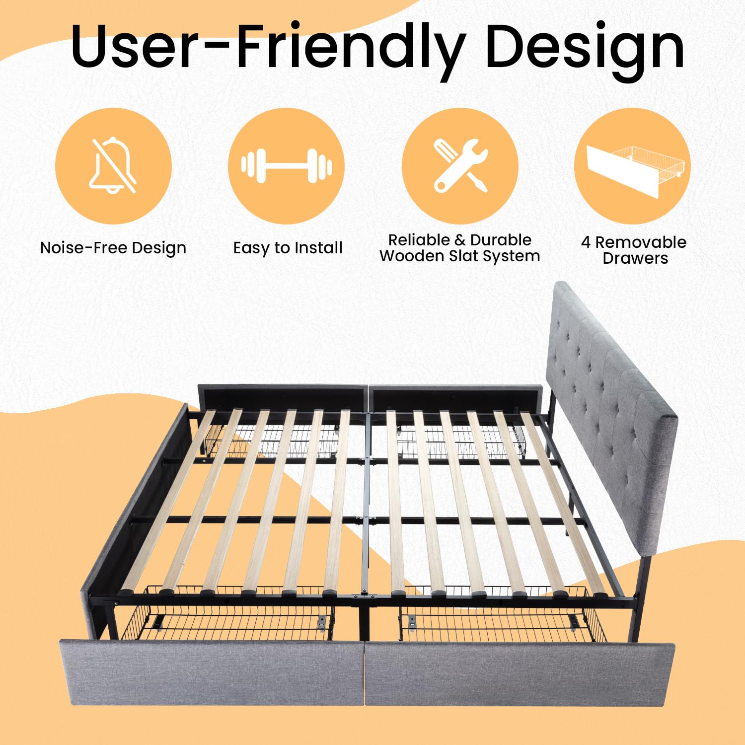SHA CERLIN Upholstered King Size Platform Bed Frame with 4 Storage Drawers - Adjustable Headboard, Square Stitched Button Tufted Design & Wooden Slat Support - No Box Spring Needed - Light Grey - Perfect for Master Bedroom, Guest Room & Small Space Storage Solutions