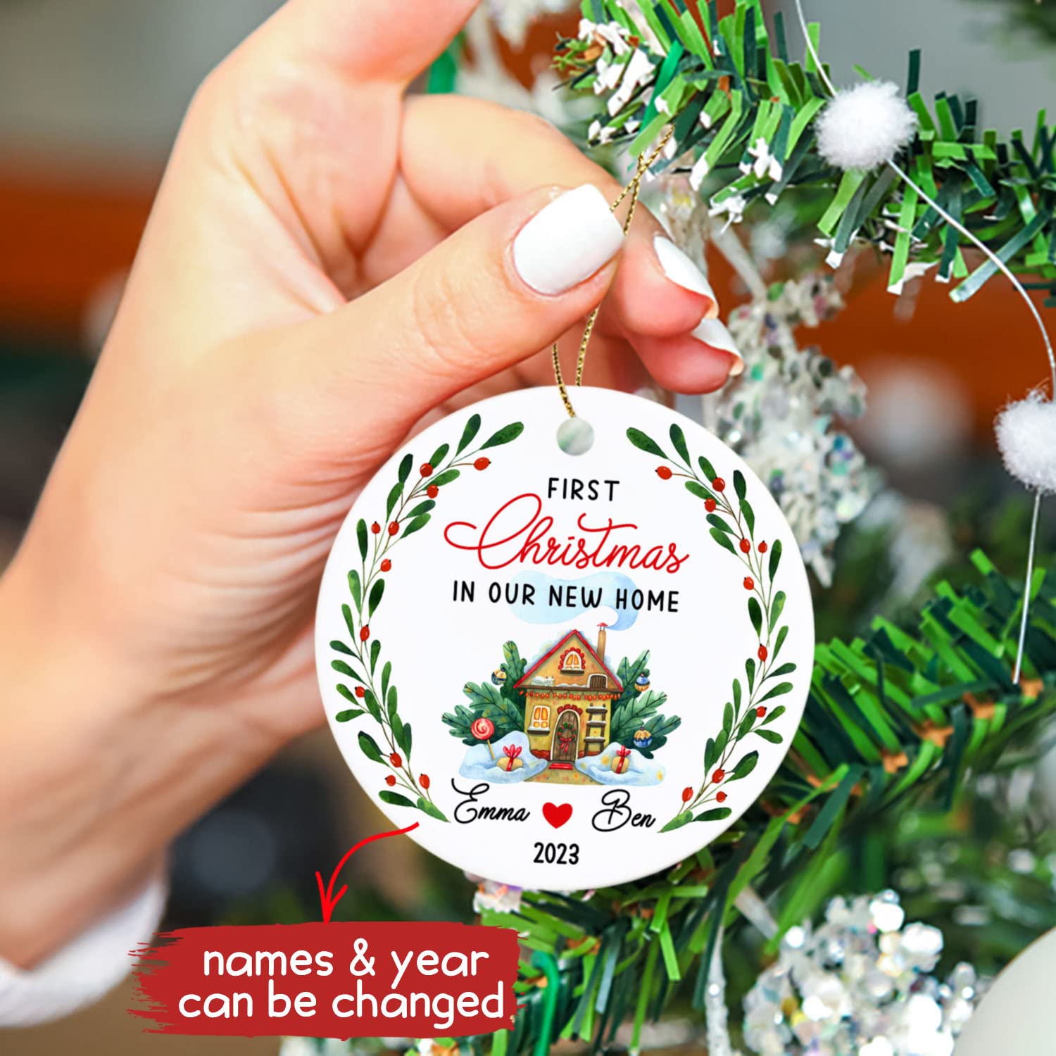 Personalized 2025 First Christmas in Our New Home Keepsake Ornament - Snowy House Christmas Tree Decoration for Newlywed Couples - New Home Gift for Housewarming & Christmas Celebrations