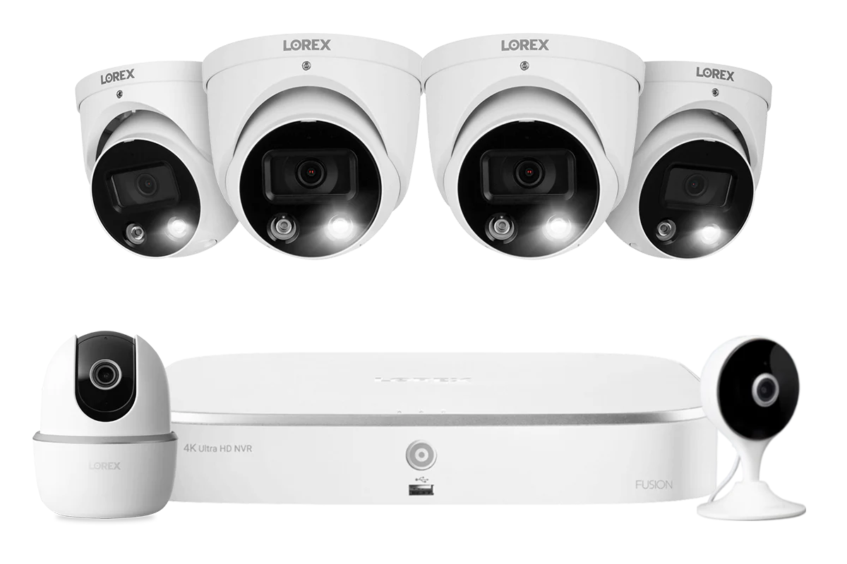Lorex Fusion 4K 16-Channel Security Camera System (8 Wired + 8 WiFi) with 2TB NVR, 4 Smart Deterrence Dome Cameras, 2K Pan-Tilt Outdoor Camera & 2K Indoor WiFi Camera – Home & Business Surveillance Solution