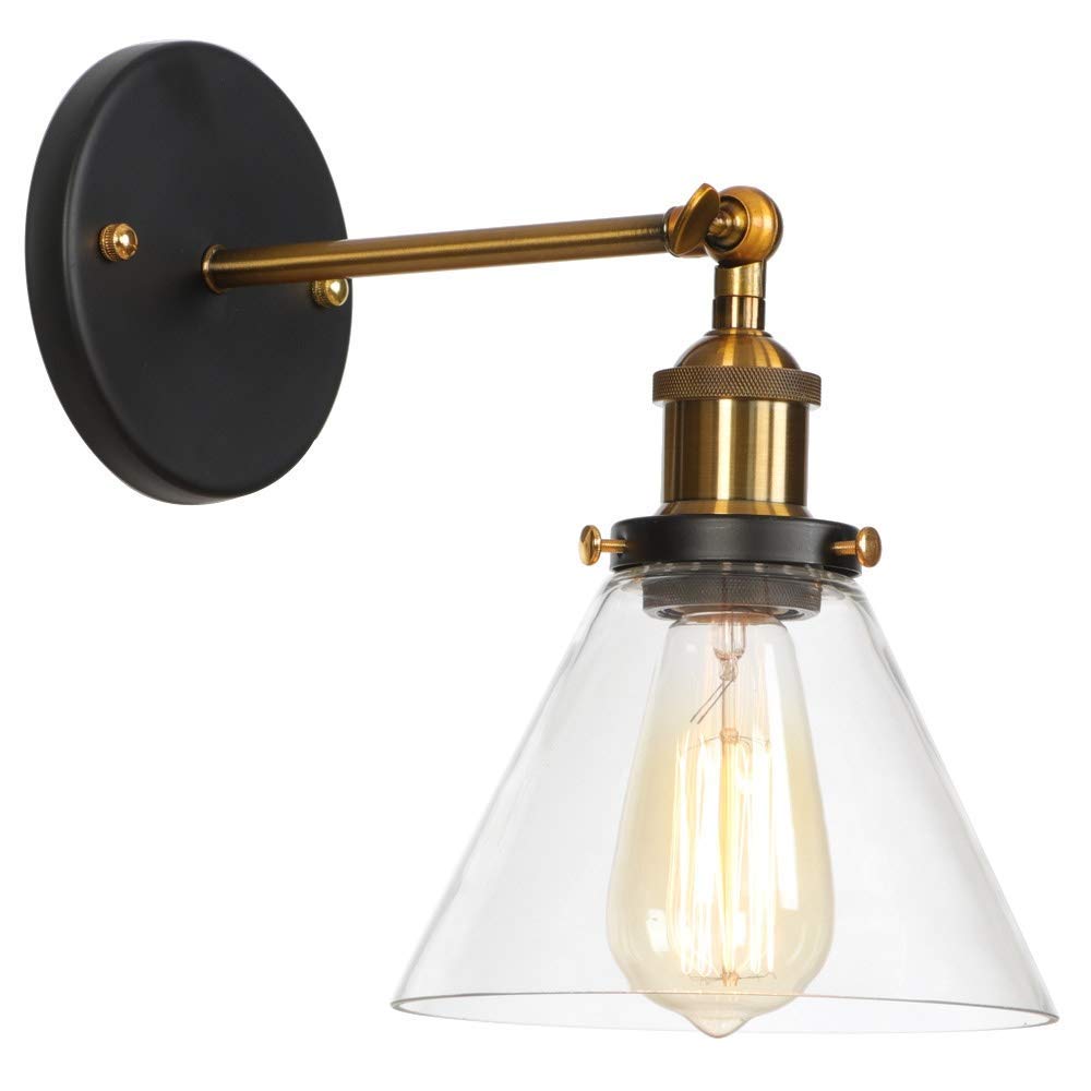 Industrial Adjustable Wall Lamp with Glass Shade - 240° Swivel Head, Black Metal Sconce Light for Restaurant, Bedroom, Living Room & Home Decor