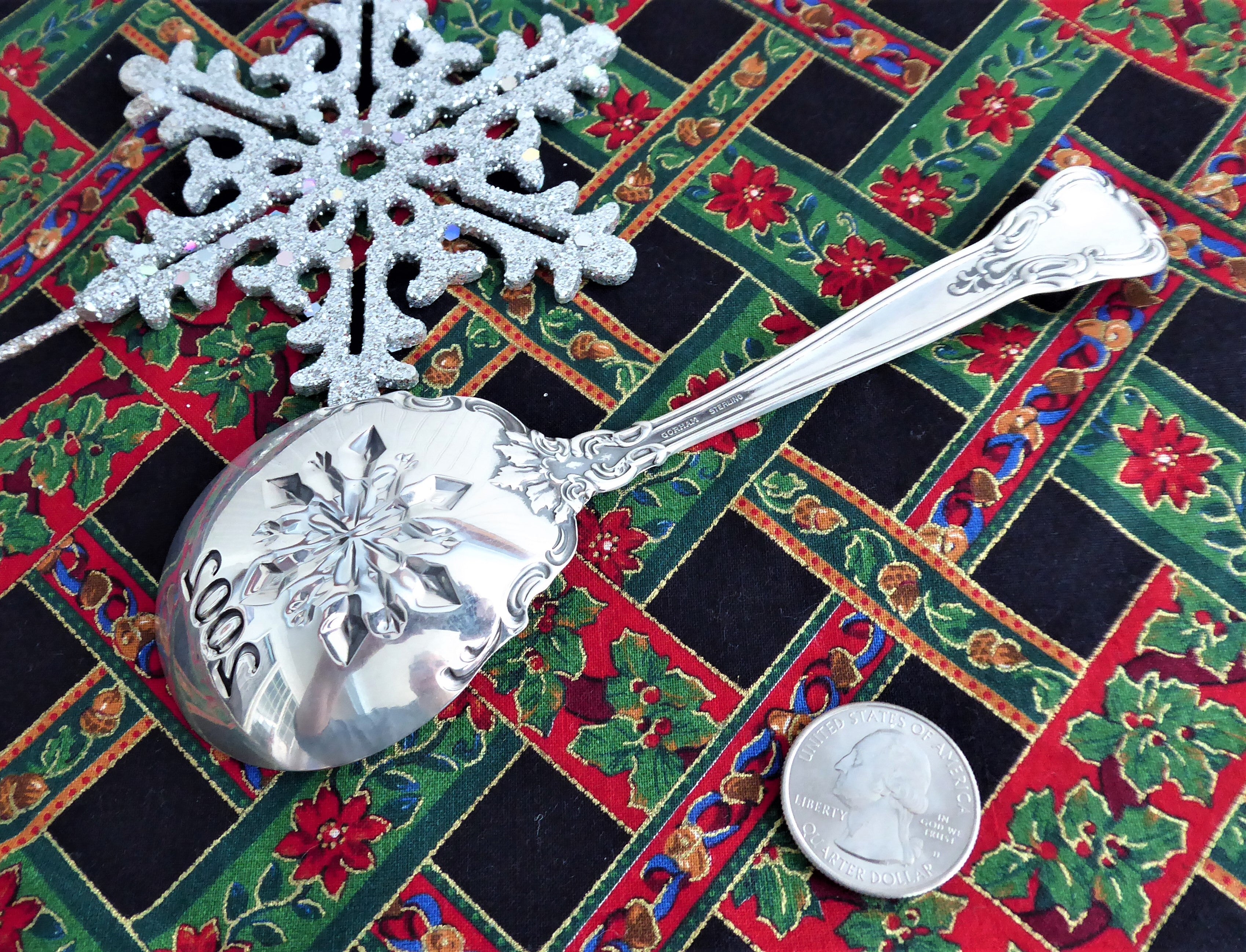 Gorham Chantilly Sterling Silver Serving Spoon with 2002 Christmas Snowflake Design - Perfect for Holiday Tea Parties & Festive Gatherings