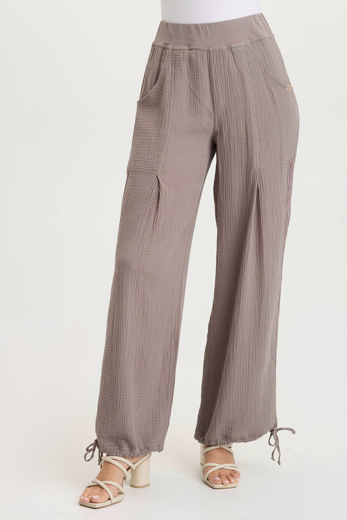 Lenka Gauze Cinched Wide Leg Pants - Women's Boho Linen Palazzo Pants for Summer, Beach & Yoga - Comfortable Elastic Waist Lounge Pants