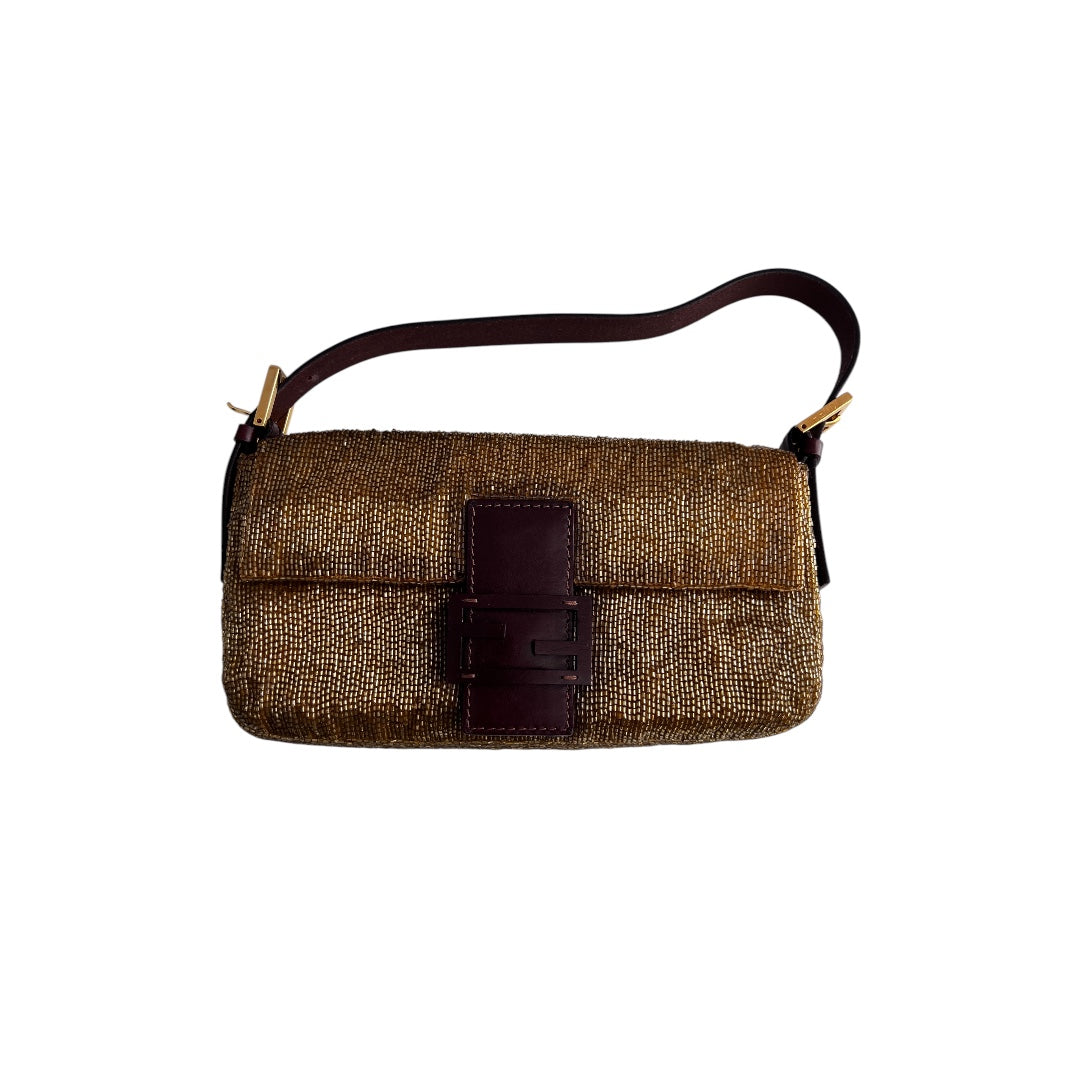 Fendi Gold Beaded Baguette Bag - Luxury Designer Crossbody Purse for Women | Perfect for Parties, Weddings & Evening Events