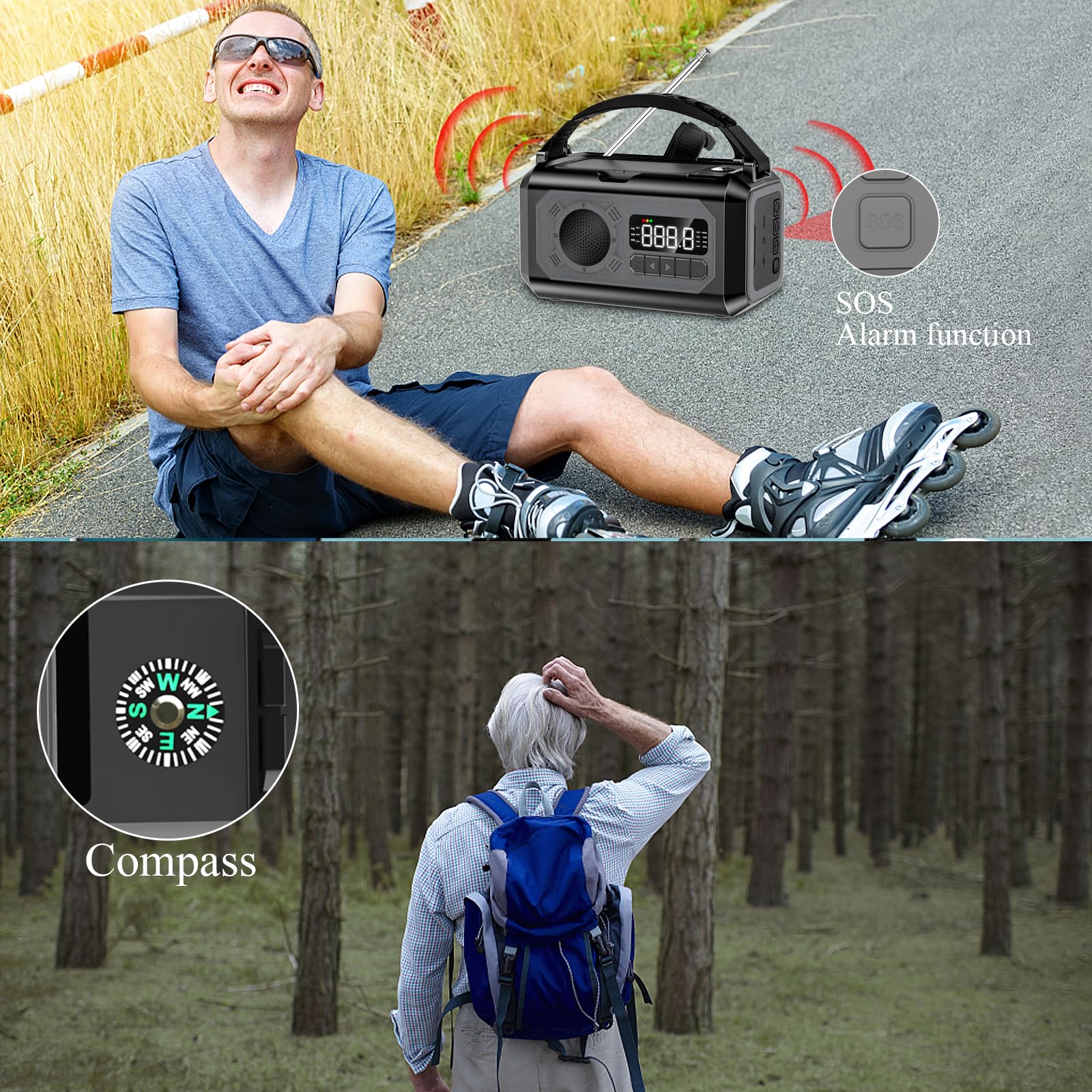 12000mAh Solar Powered Emergency Weather Radio with NOAA Alerts - AM/FM/NOAA Weather Band, SOS Alarm, Flashlight, Phone Charger & Compass - Perfect for Outdoor Camping, Hiking and Emergency Preparedness