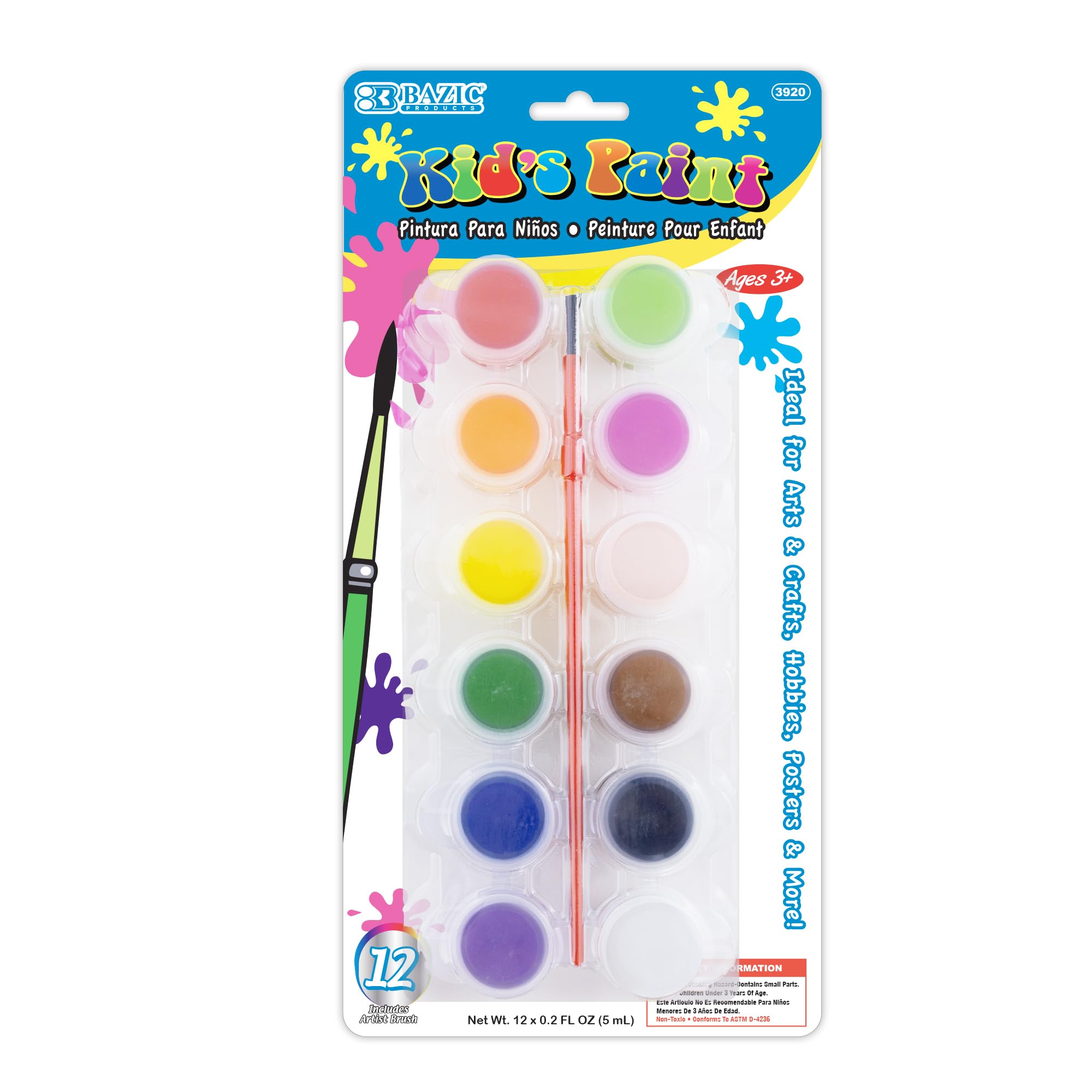 BAZIC Non-Toxic Kids Paint Set with Brush - 12 Vibrant Colors (60ml Each), 72-Pack Art Supplies for Children's Painting, Crafts & DIY Projects | Perfect Gift for Young Artists, School Activities & Creative Play